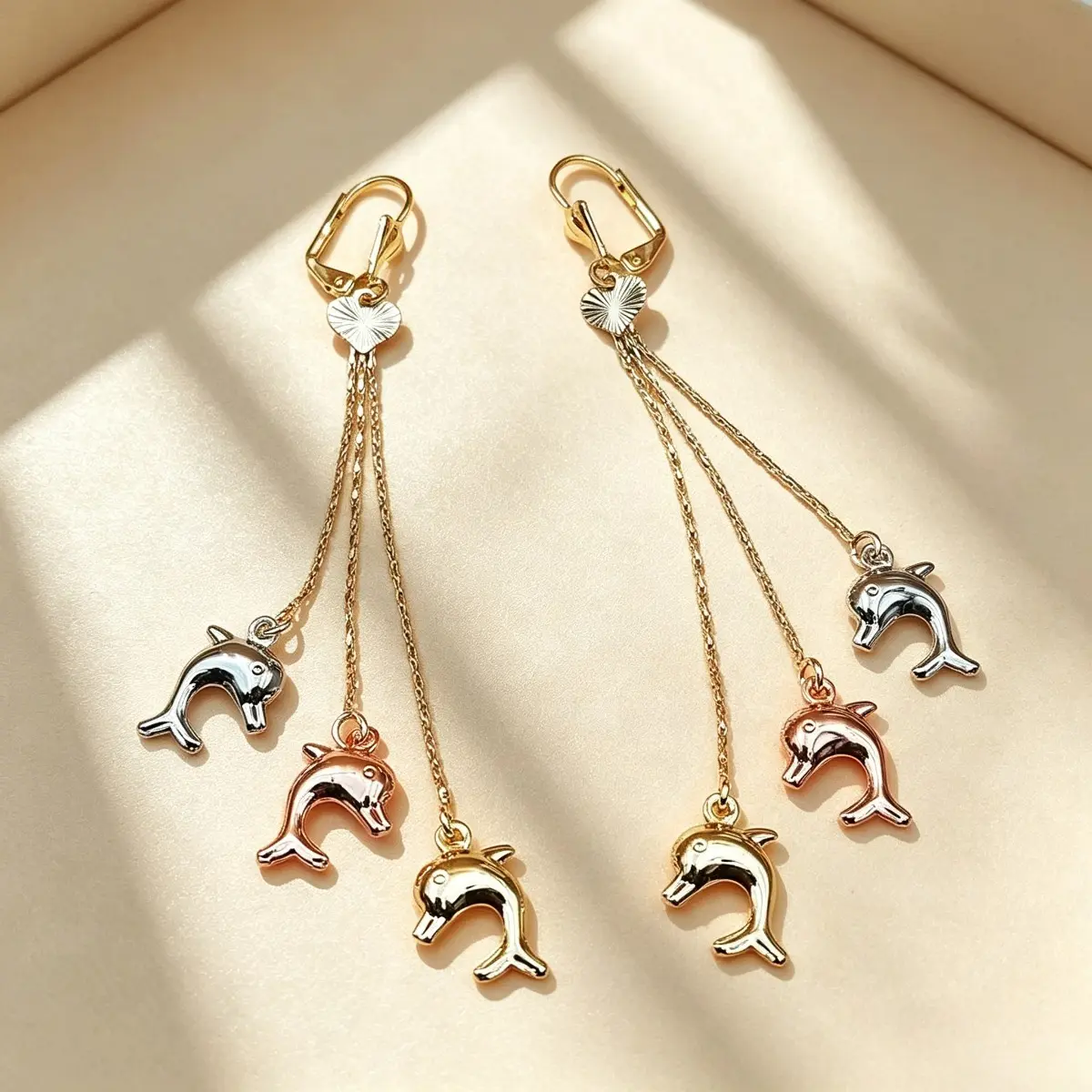 Earrings, Dangle Tassel Ear Jewelry, Animal Charm Drop Earrings, Three-Tone Elephant And Dolphin Multi-Chain Dangling Earrings, Polished Copper Alloy For Women And Teen Girls, Lightweight Elegant Craft For Daily Casual, Date Night, Wedding And Anniversary