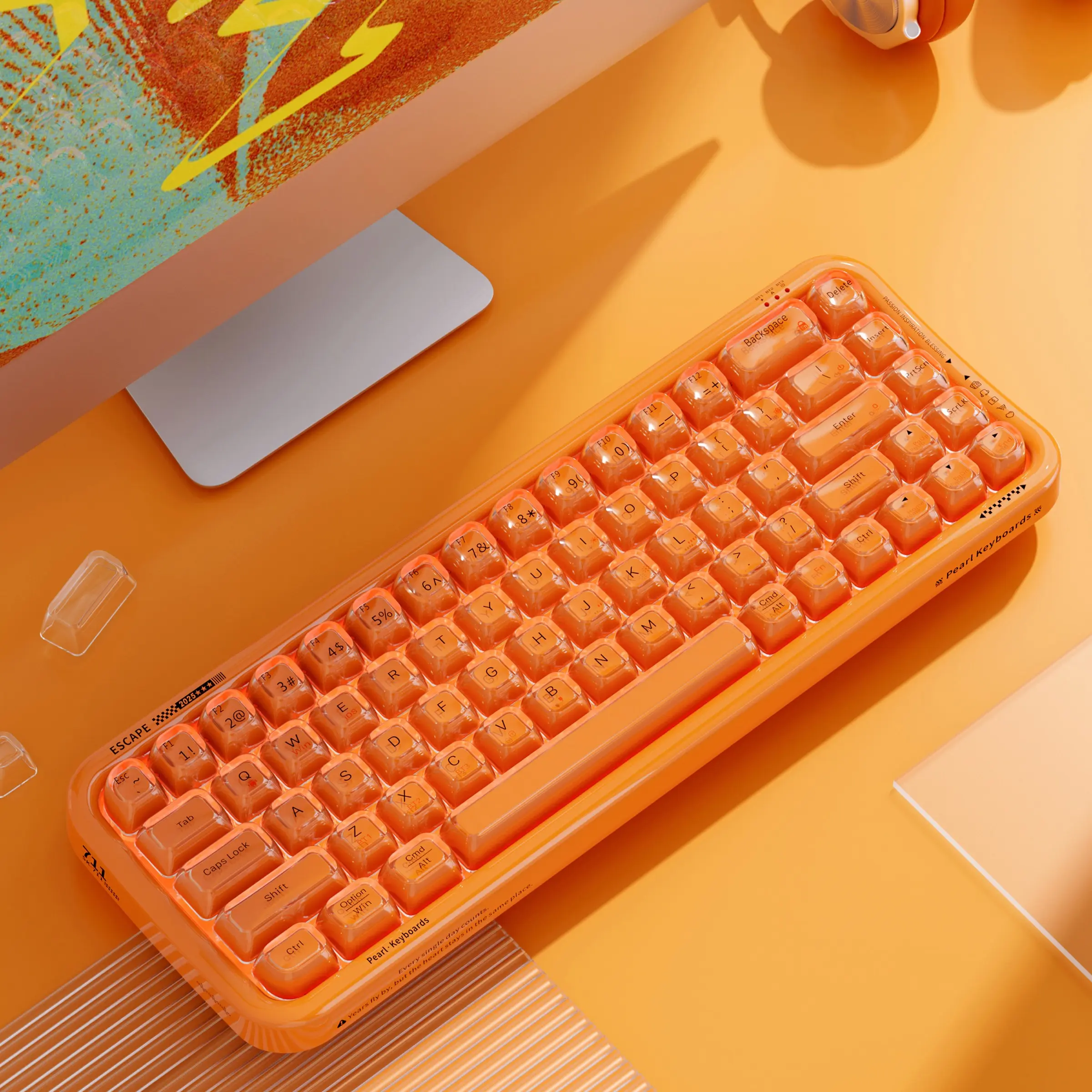 MOFii Pearl Vibrant Orange Tri‑Mode Wireless Membrane Keyboard, 68‑Keys Compact Size, Dual‑Color Injection Semi‑Transparent Keycaps, RGB Backlit Aesthetic Office Gaming Keyboard