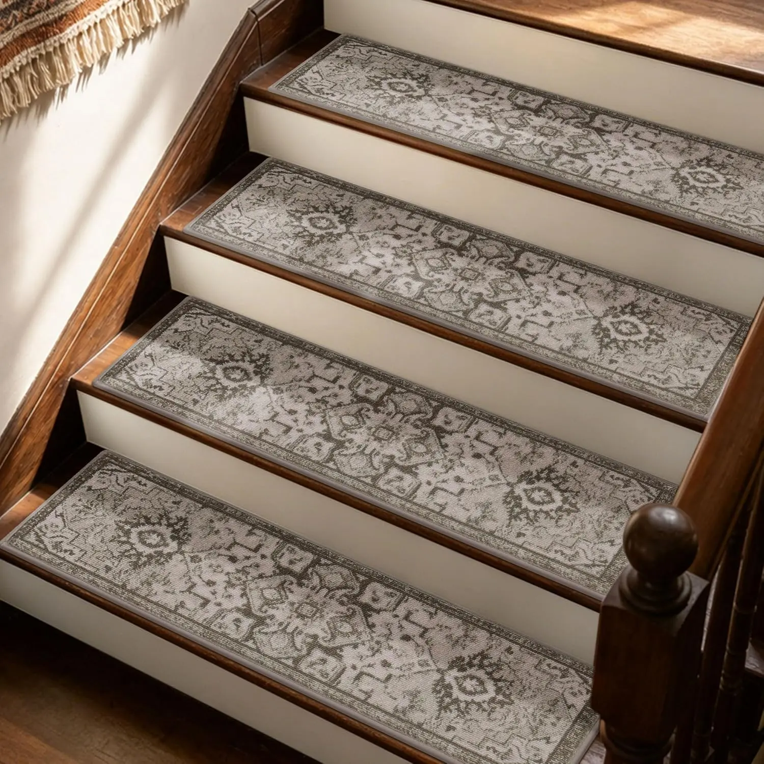 Stair Treads for Wooden Steps, 15 Pack Non-Slip Machine Washable Carpet Stair Treads with TPE Backing, Indoor Stair Rug Runner for Kids Elders & Pets, Polyester, Beige/Brown