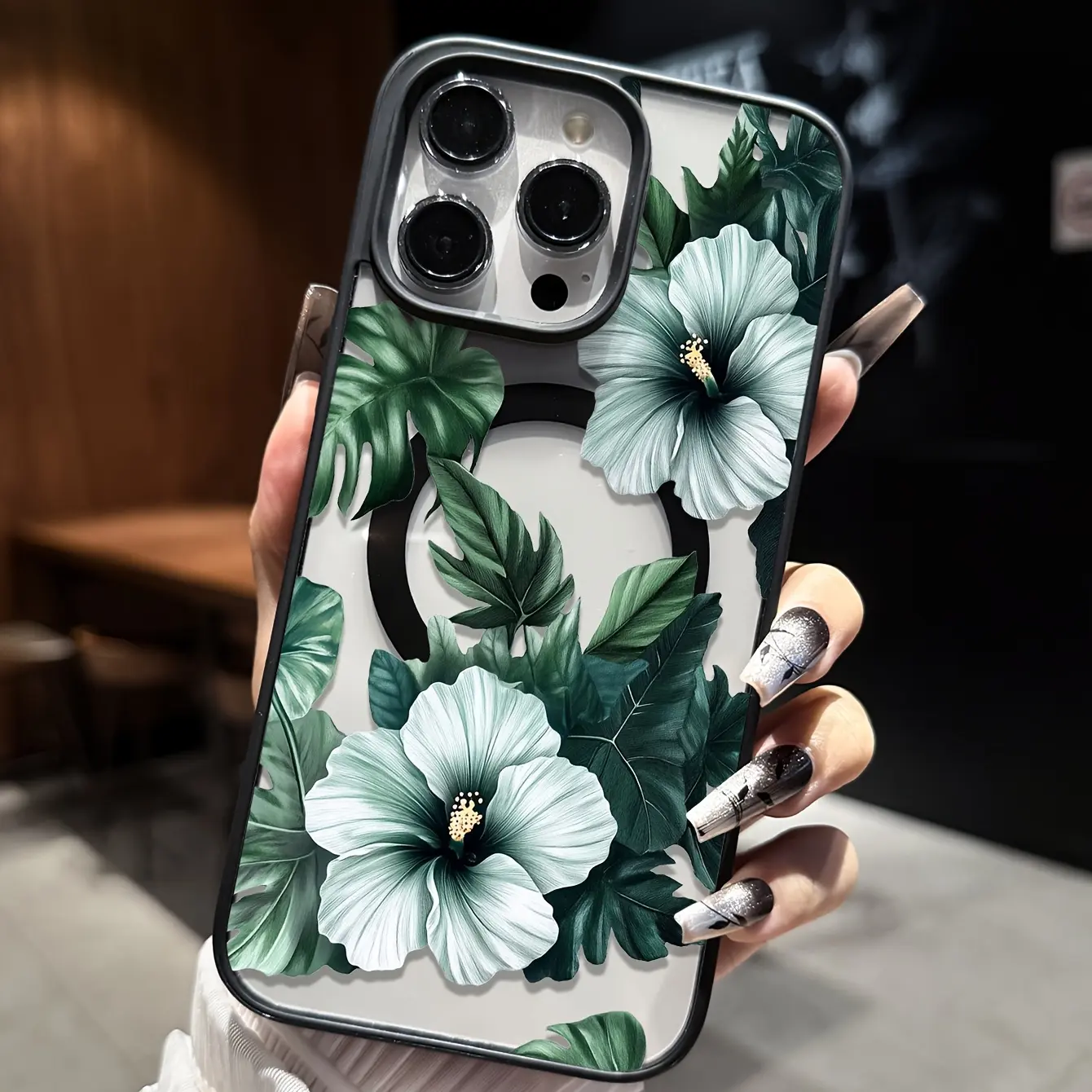 White Hibiscus Tropical Plant Phone Case with TPU Black Bumper, Monstera Palm Floral Cover - Fits iOS Devices iPhone 17 16 15 14 13 12 11 X Plus Pro Max, Beach Accessories, Island Lover Gift, Tropical Bloom