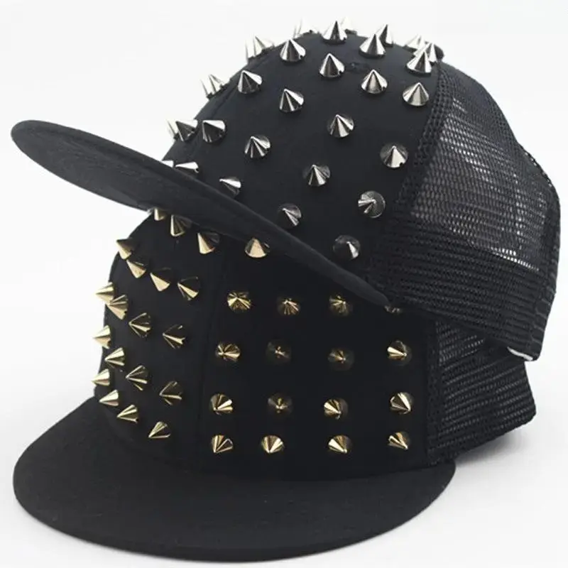 Men's Punk Rock Rivet Flat Bill Baseball Cap - Adjustable Stylish Hat, Bold Design, Unique Rivet Detailing, Daily Fashion Accessory, Funky Unique Accessories, Mens Hats