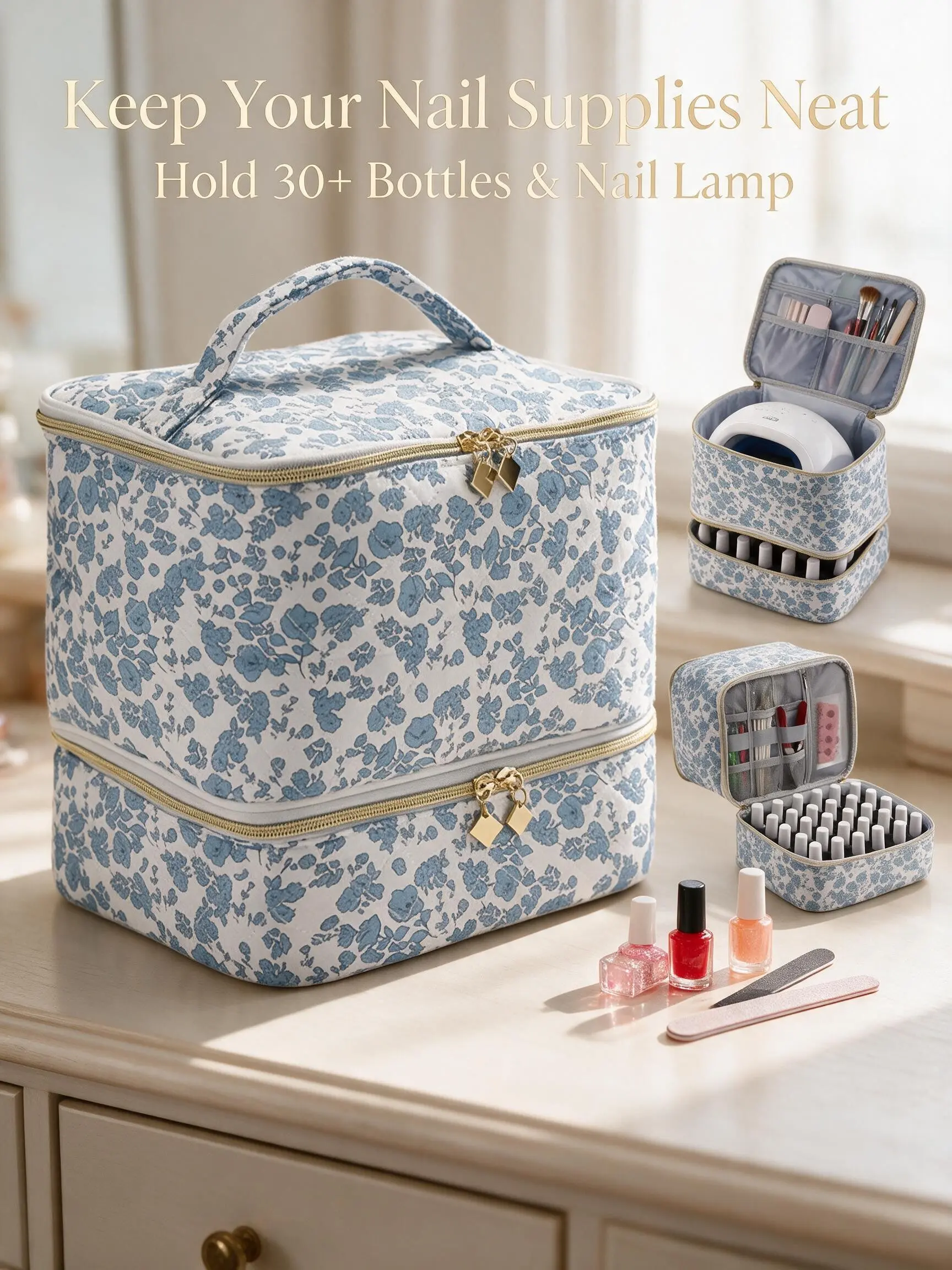 Nail Polish Organizer Bag, Holds 30+ Bottles(15ml/0.5 fl.oz) UV Nail Lamp, Portable Double-Layer Nail Polish Storage Case with Adjustable DividersGel Polish Travel Storage Bag for Nail Kit, Gift for Manicurist, Girls for Home and Travel