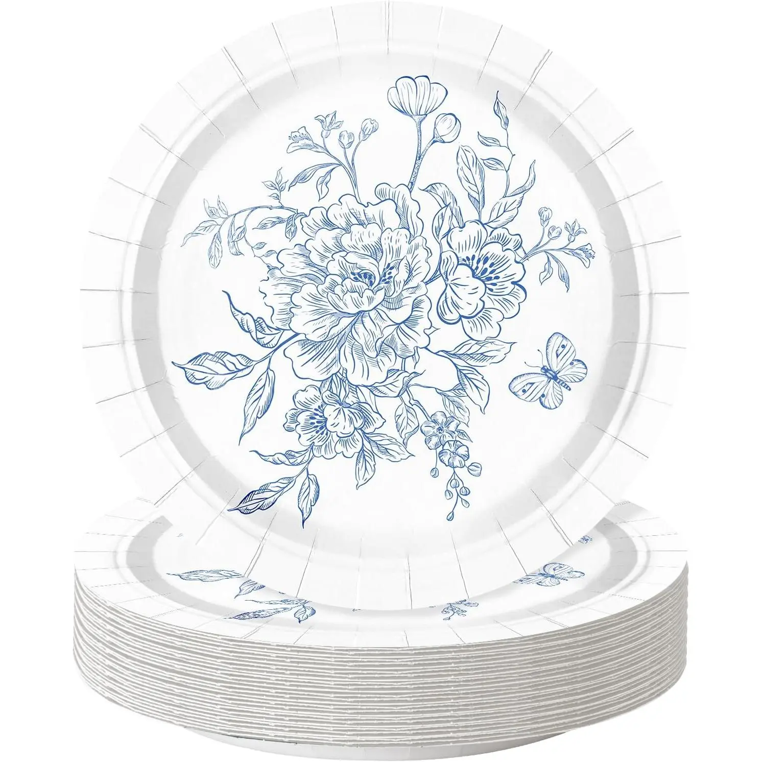 25 count Floral Paper Plates - 7 Inch Blue White Porcelain Disposable Plates Decorative Dessert Plates for Party Tableware Supplies Table Decor