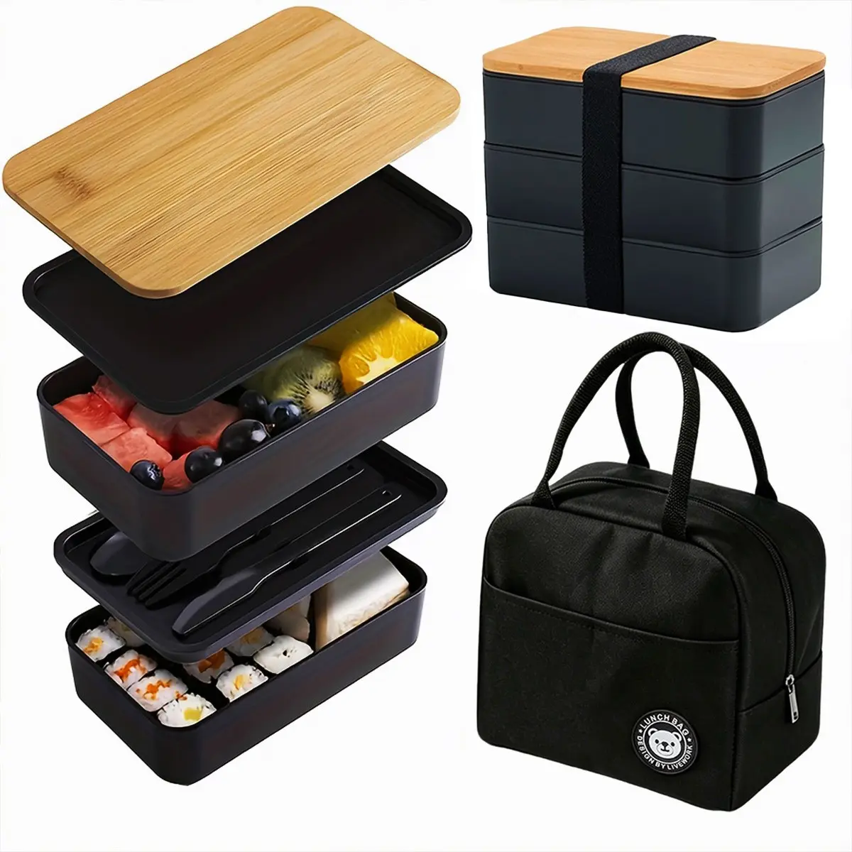 Three-Layer Bento Lunch Box Set, Minimalist Japanese Bamboo Lid, Reusable, Leak-Proof, Microwave Safe, Includes Utensils, Ideal for Office, School, Travel