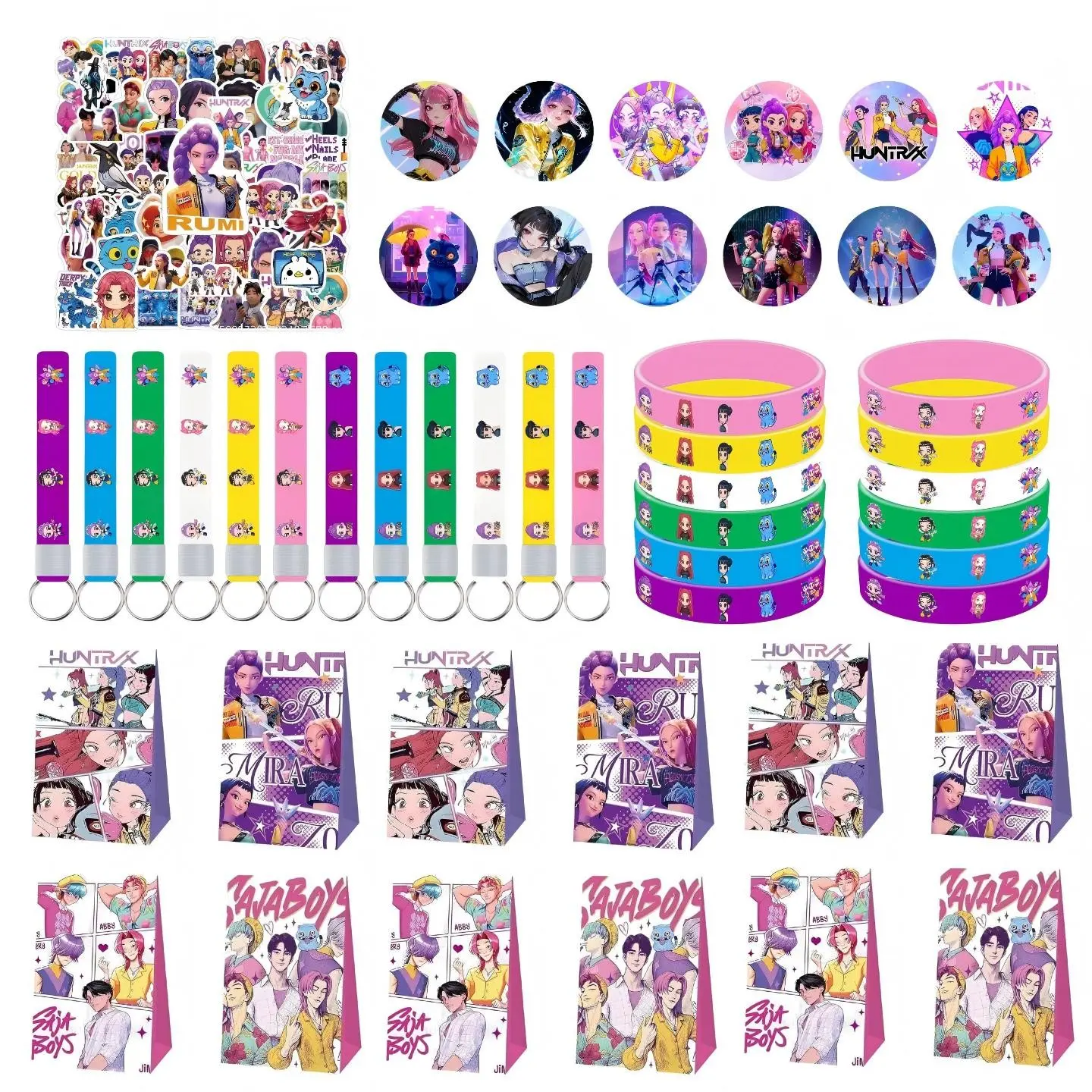 Korean cartoon girl group themed party favor gift pack set with 5 pieces, including 12 keychains, 12 bracelets, 12 gift bags, 12 masks, and 10 invitation cards. This is the best choice for party gifts, making your party stand out.