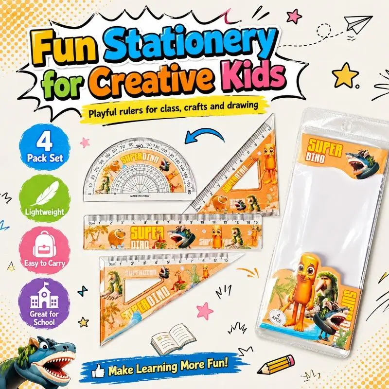 【Back to School】4 Piece Dinosaur Geometry Ruler Set with Protractor and Triangle Rulers, Lightweight Math Tools for Kids, School, Drawing and Crafts
