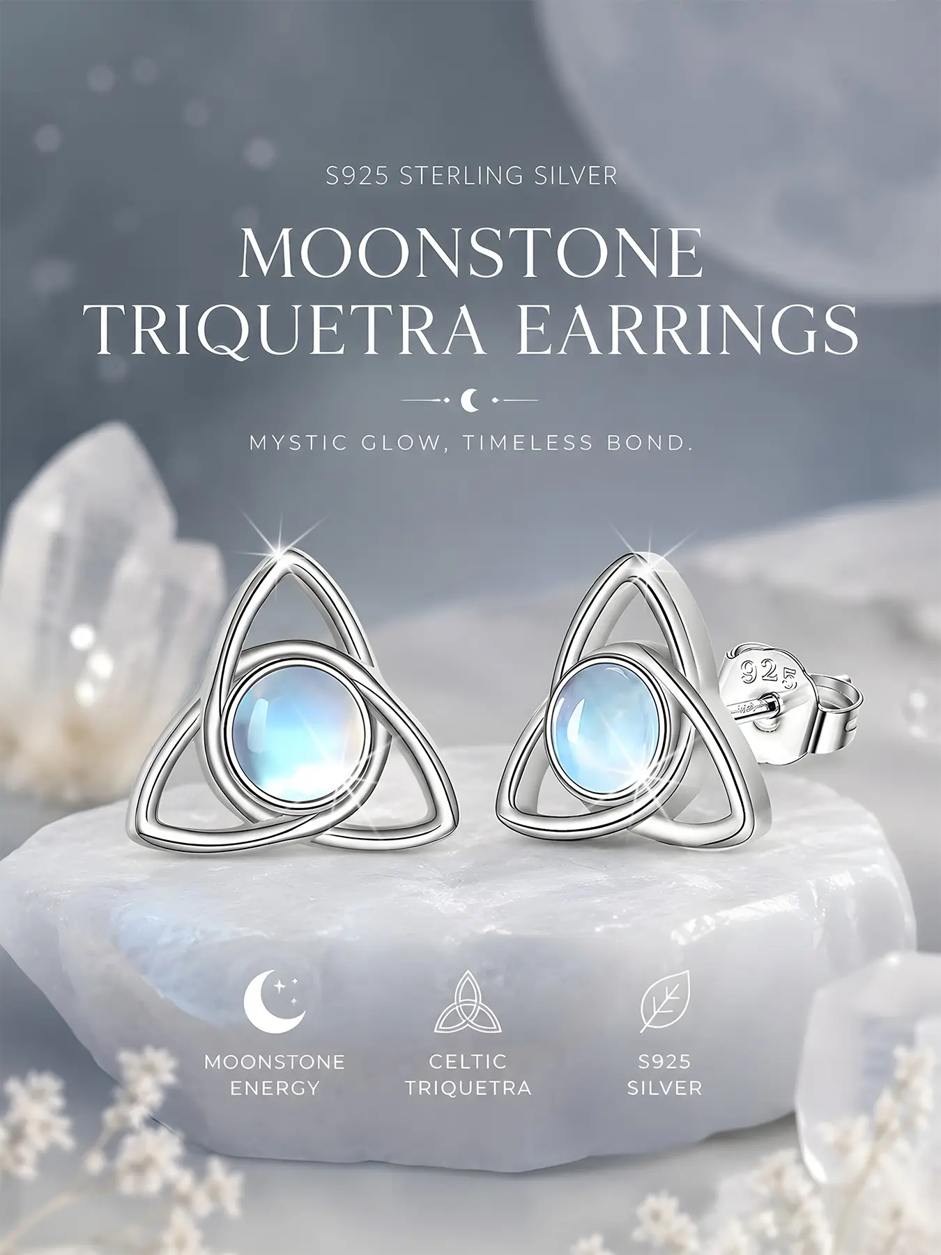 Elegant S925 Silver Celtic Knot Moonstone High Quality Earrings, Hypoallergenic Triangular Studs, Perfect for Daily Wear, Gift for Friends & Holidays