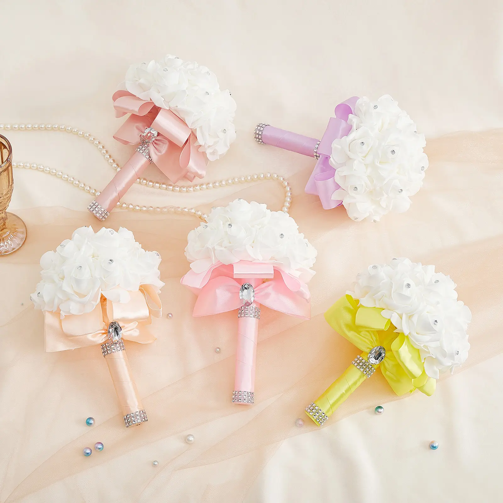 Artificial Wedding Bride Bouquet Romantic Handheld Bridesmaid Flower with Ribbon