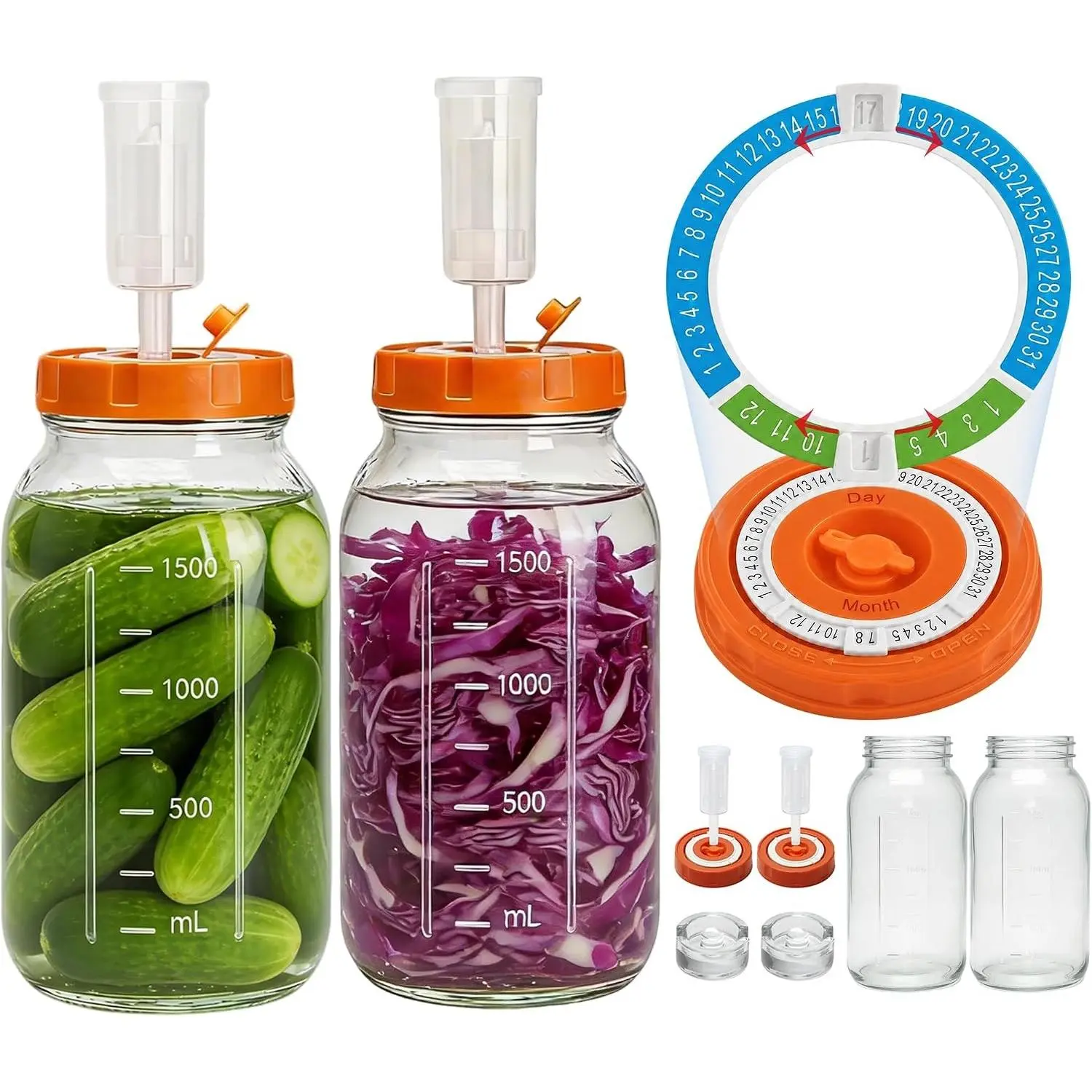 64oz/1.9L 2 Pack Fermentation Jar Kit with Glass Jars, Fermenting Weights, Date Markable Seal Lids and Airlocks for Pickling Sauerkraut Easy Fermenting & Storage Jar Included