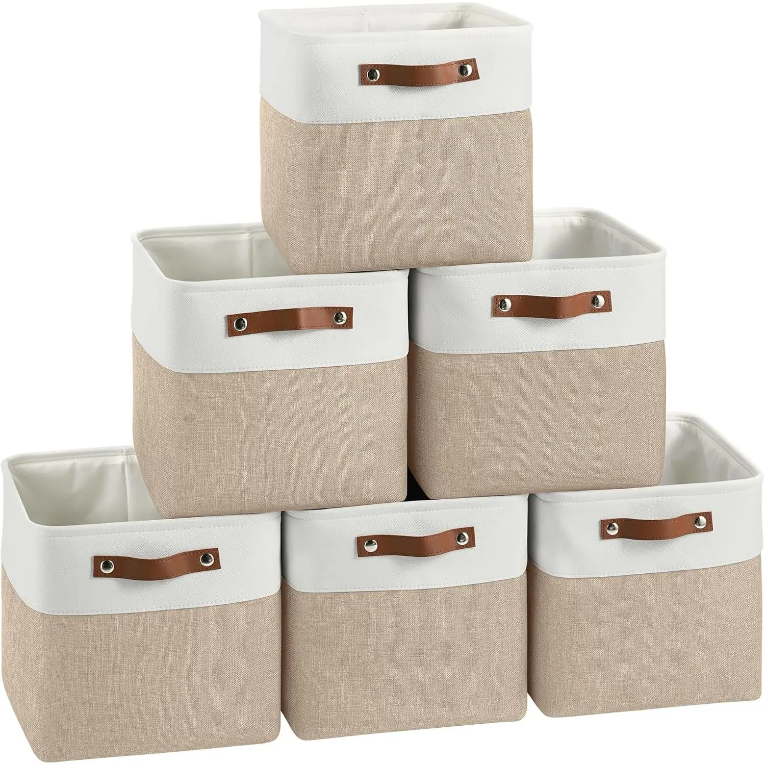 Cube Storage Baskets 6 Pack, 11x11 inch Cube Storage Bins with Leather Handles for Shelf Closet (White/ Khaki)
