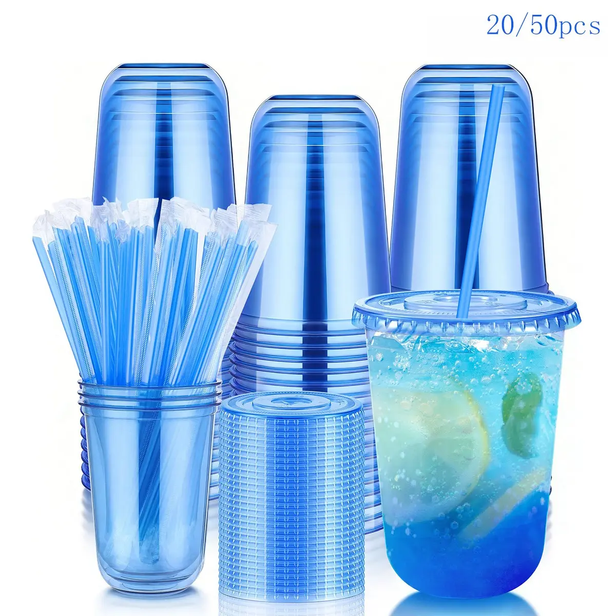 20/50 Pack 16oz Plastic Cups with Lids and Straws, Disposable Cups with Lids and Straws, Blue Transparent Ice Coffee Cups, Portable Round Bottom, Ideal for Cold Drinks, Parties, Halloween, Christmas