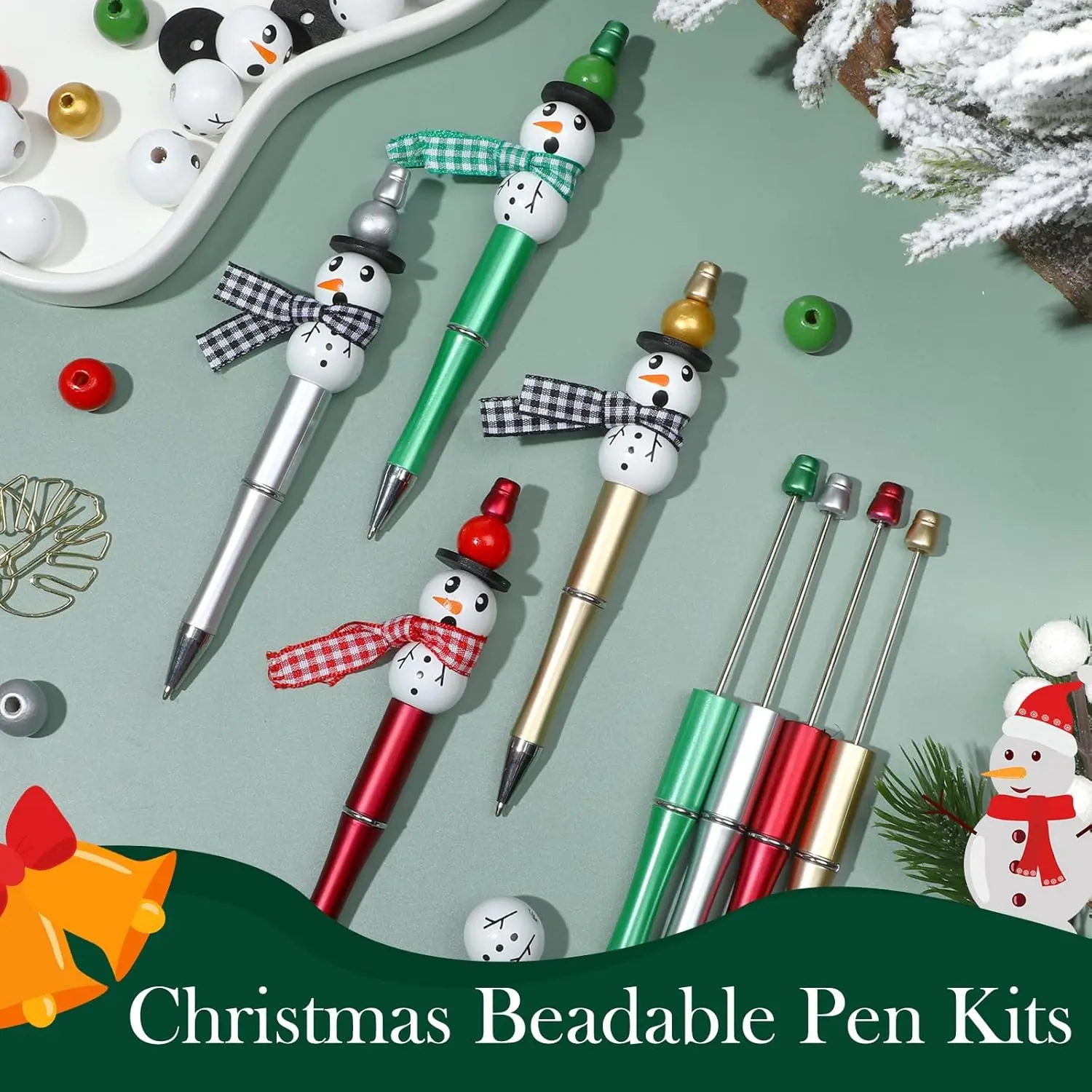8 Pack Christmas Snowman Beadable Pen DIY Kit, Complete Snowman Beads Ribbons Spacer Accessories Set, 0.5mm Black Ink Plastic Beaded Ballpoint Pens, Xmas Holiday DIY Craft Supplies, Christmas Stocking Stuffer, Office School Writing Gift for Kids Students