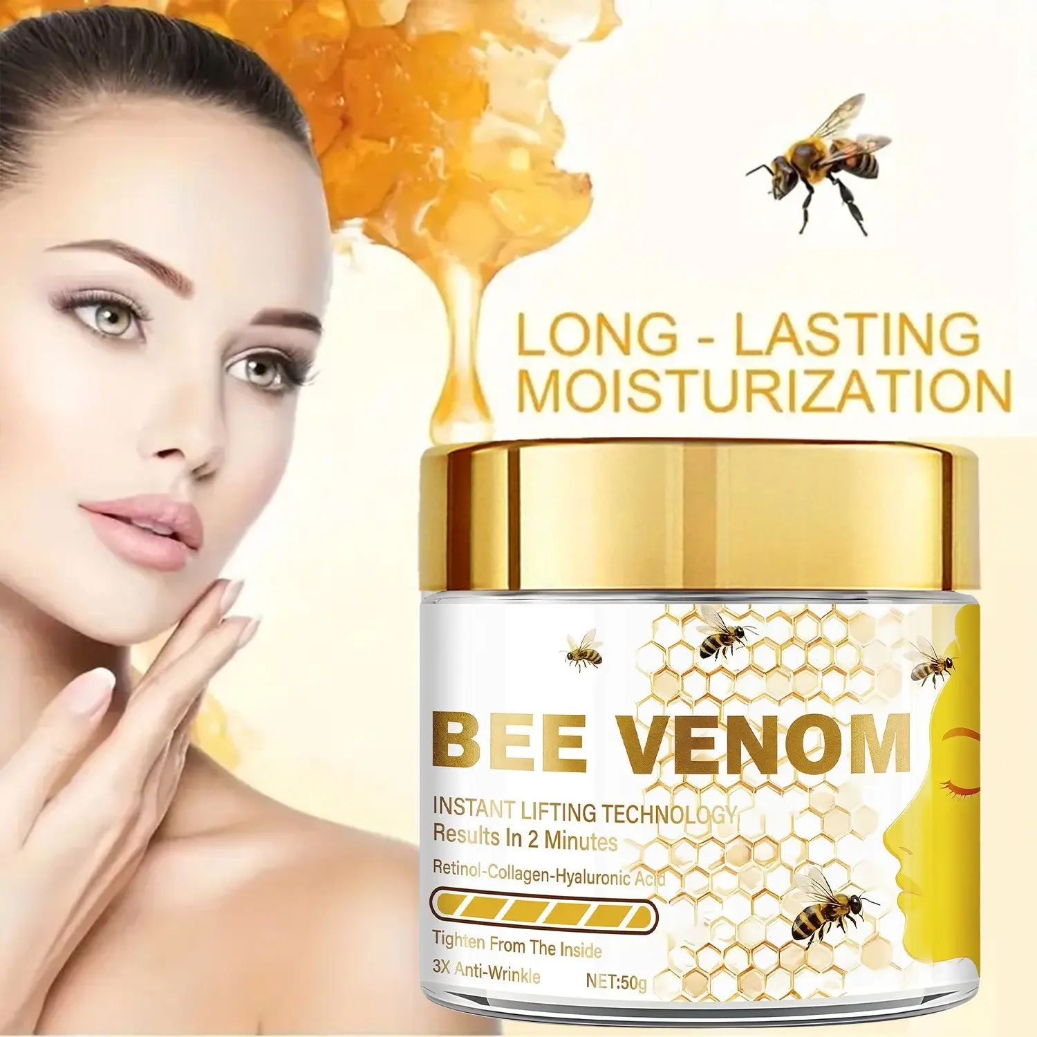 Natural Bee Venom Face Cream, Moisturizer, Soothes Rough Skin, Long-Lasting Hydration, Suitable for All Skin Types, Daily Facial Care, 50g