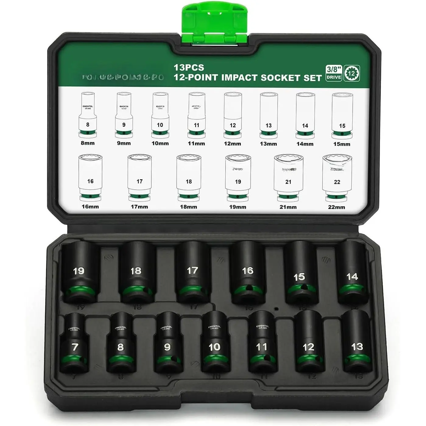 3/8" Drive  Socket Set, Semi-Deep Sockets, 13 count, Metric (7-19mm), 12 Point, CR-MO, Stamped and ink filled