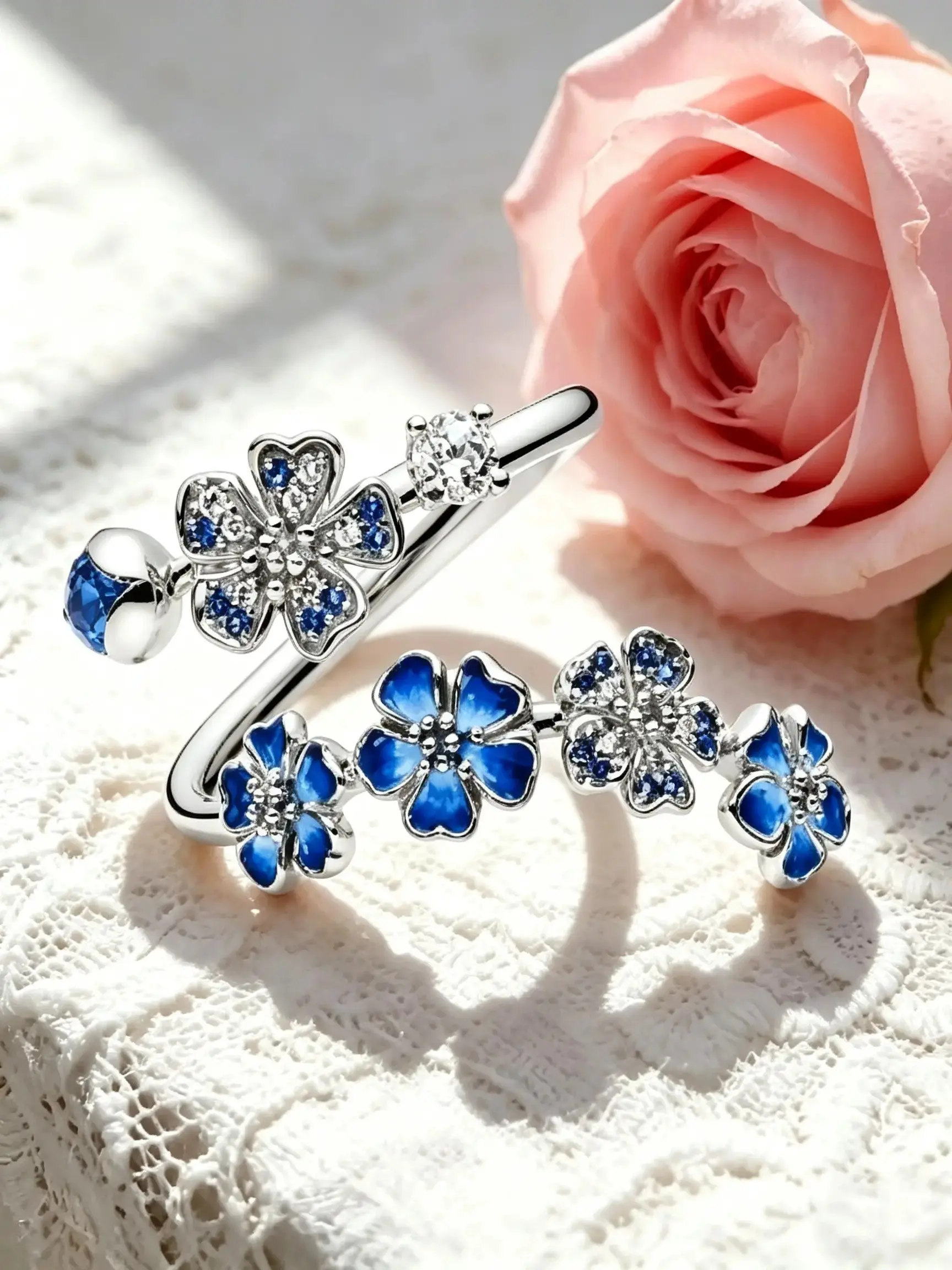Pink & Blue Floral Ring for Women, Vintage Enamel Cherry Blossom Design with Sparkling Zircon, Adjustable Open Ring, Elegant Flower Jewelry for Gifts & Daily Wear