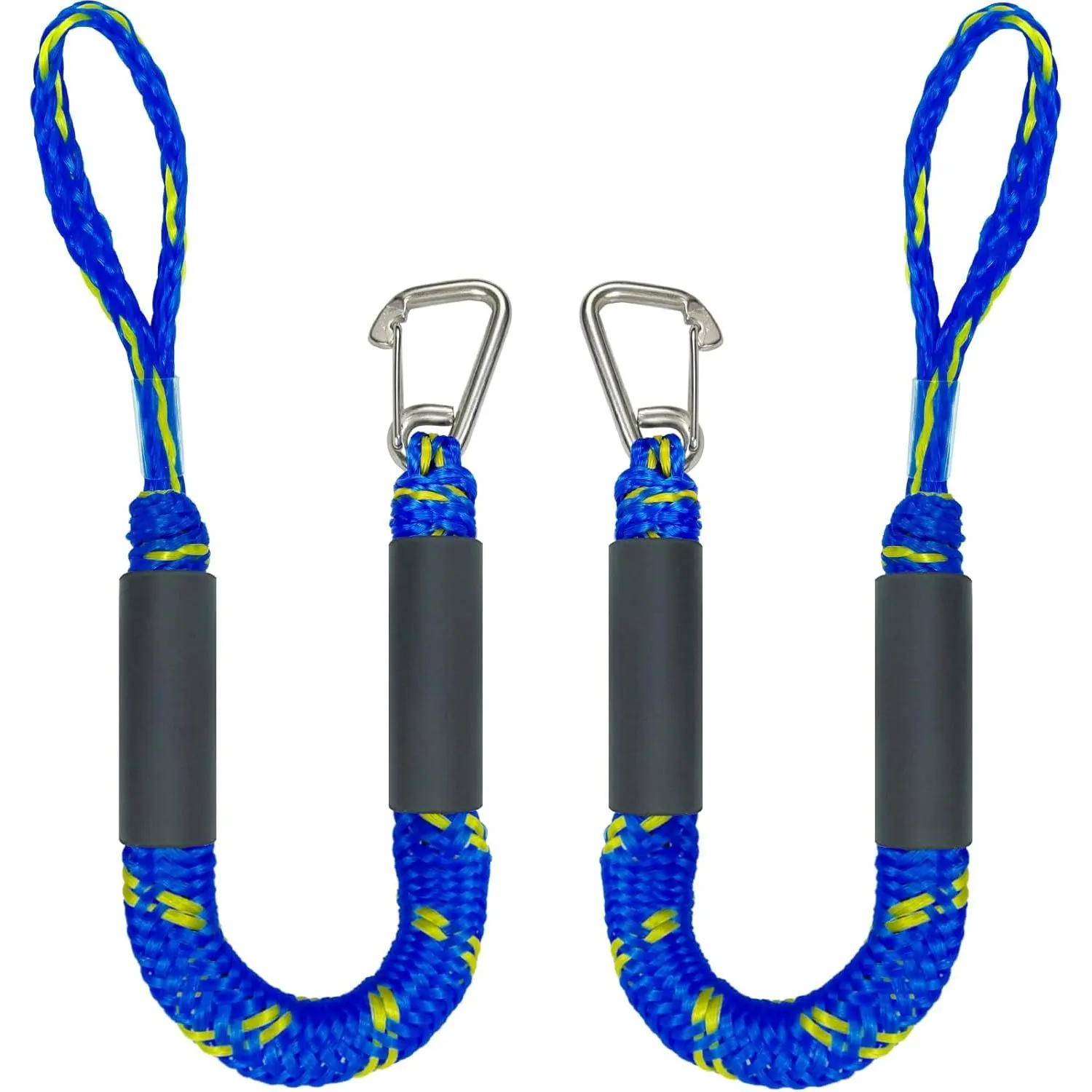 Boat Fender Lines (2-Pack) for Boat Owners, 2 ft Woven Polyester Ropes with 316 Stainless Steel Clips, Shock Absorbent Docking Shock Absorber for Pontoons & Jet Skis, Blue & Yellow, 0.9 lb, 10 * 6 * 3 Inches, 2-Pack Elastic Boat Fender Lines