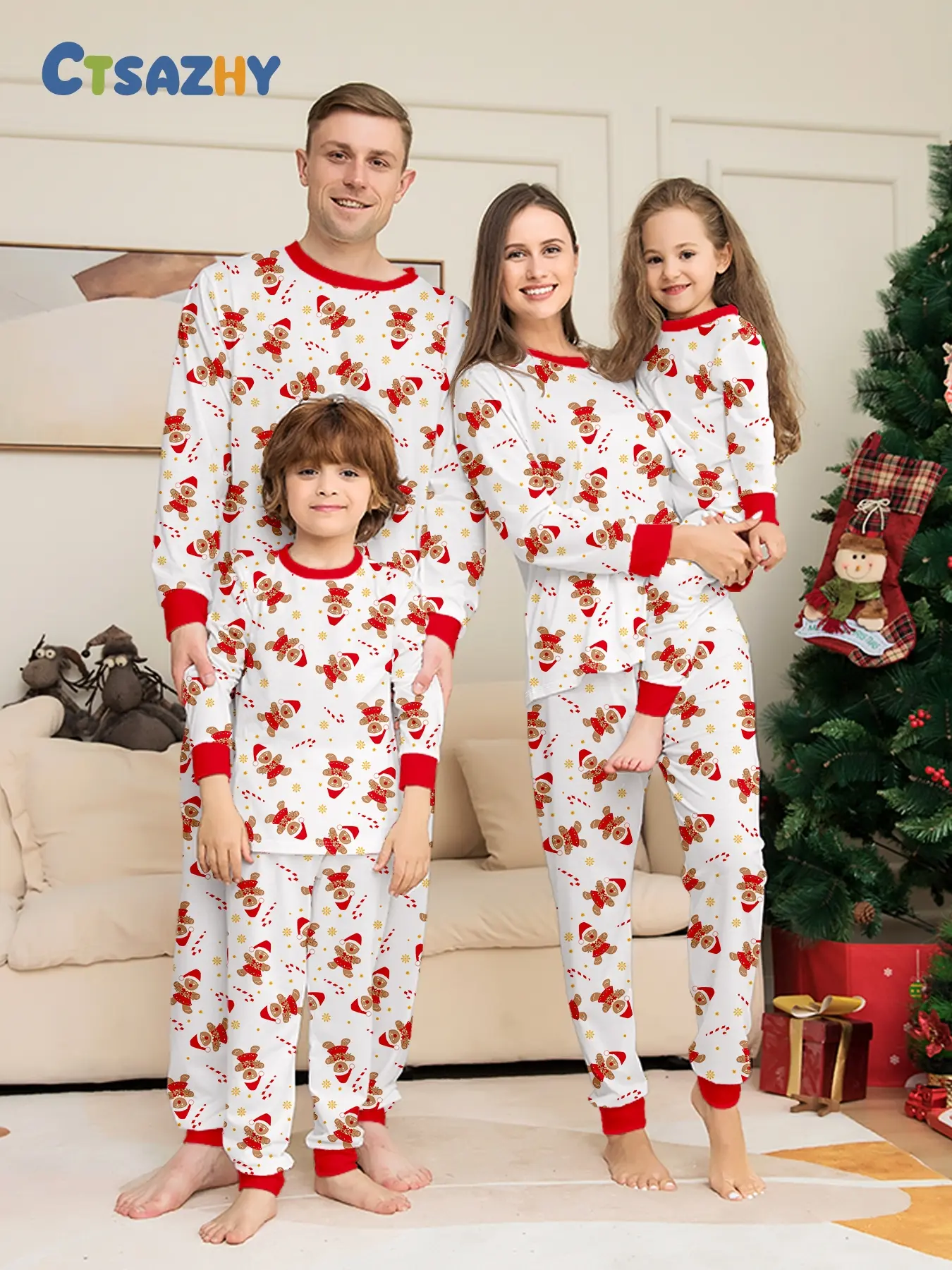 Matching Family Christmas Pajamas Set,White Base With Red Cuffs,Gingerbread Man And Snowflake All-over Print,Soft Holiday Sleepwear,Great For Christmas Party,Family Holiday Photos,X-mas Family Gathering