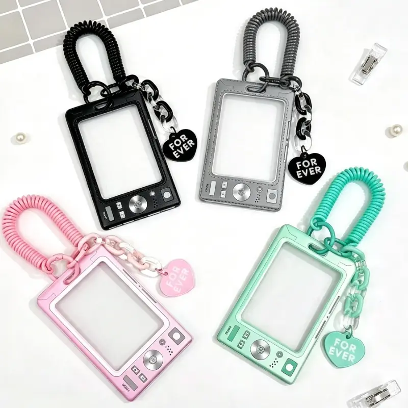Y2K Retro MP3 Player Clear ID Card Holder Keychain, Anti-Loss Spring Coil Lanyard Card Protector with Heart Pendant, Hard Plastic Badge Holder for School Bus Card Office