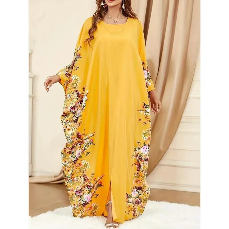 [Print Kaftan Abaya Crew Neck] Floral Print Crew Neck Kaftan Abaya, Elegant Batwing Sleeve Split Maxi Dress, Women's Clothing