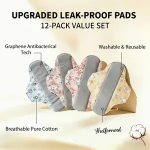 12Pcs Leak-Proof Upgraded Absorbent Washable Incontinence Pads, Graphene Aseptic Technology, Breathable Organic Cotton for Women & Elderly Care (Random Color)