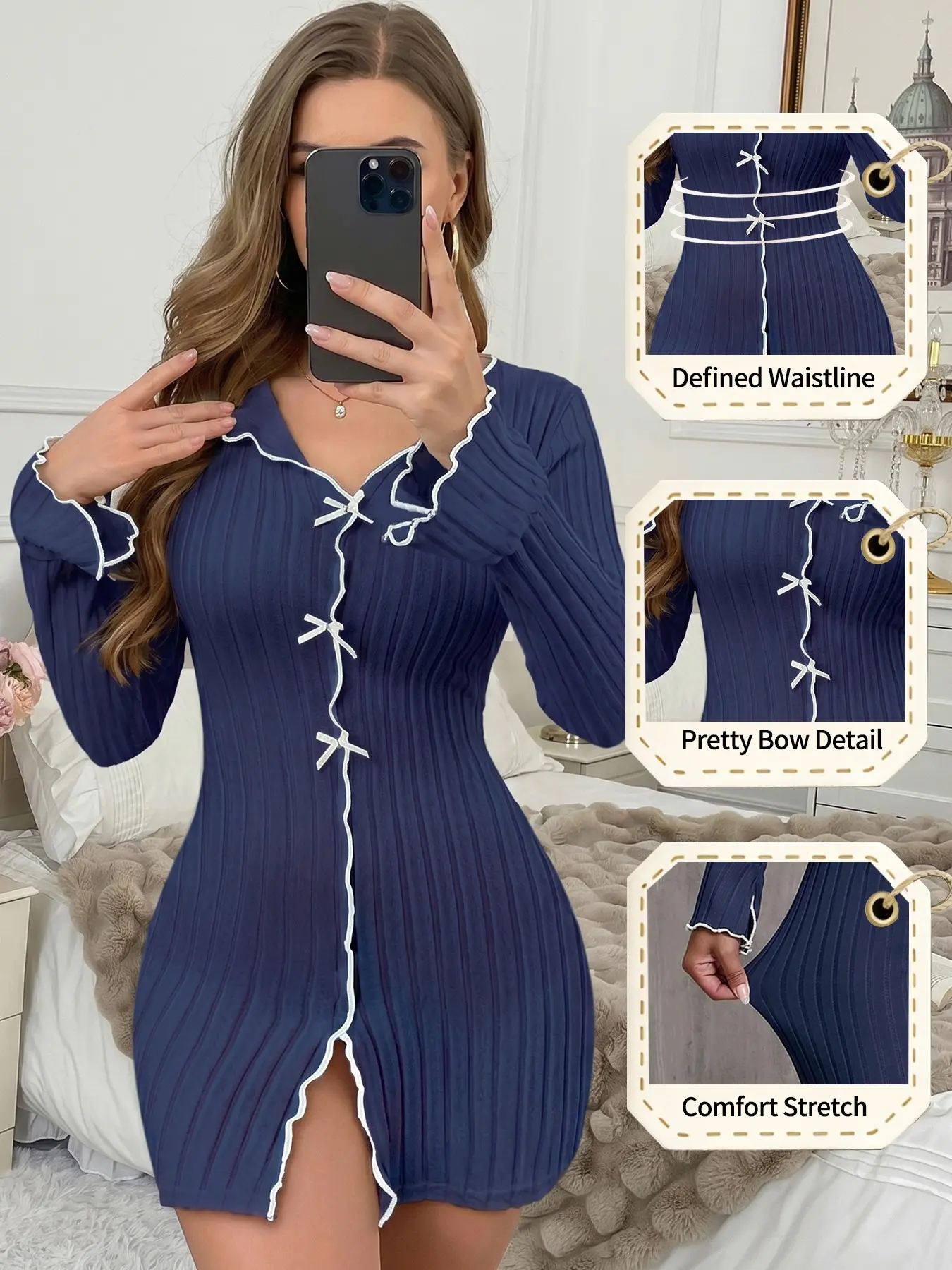 Spring Summer Women's Dress, Fashion Solid Color Ribbed Striped Sweet Bow Sexy Slim V Neck Long Sleeve Short Skirt, Comfortable Wear-Outside Home Sleepwear Pajama Dress