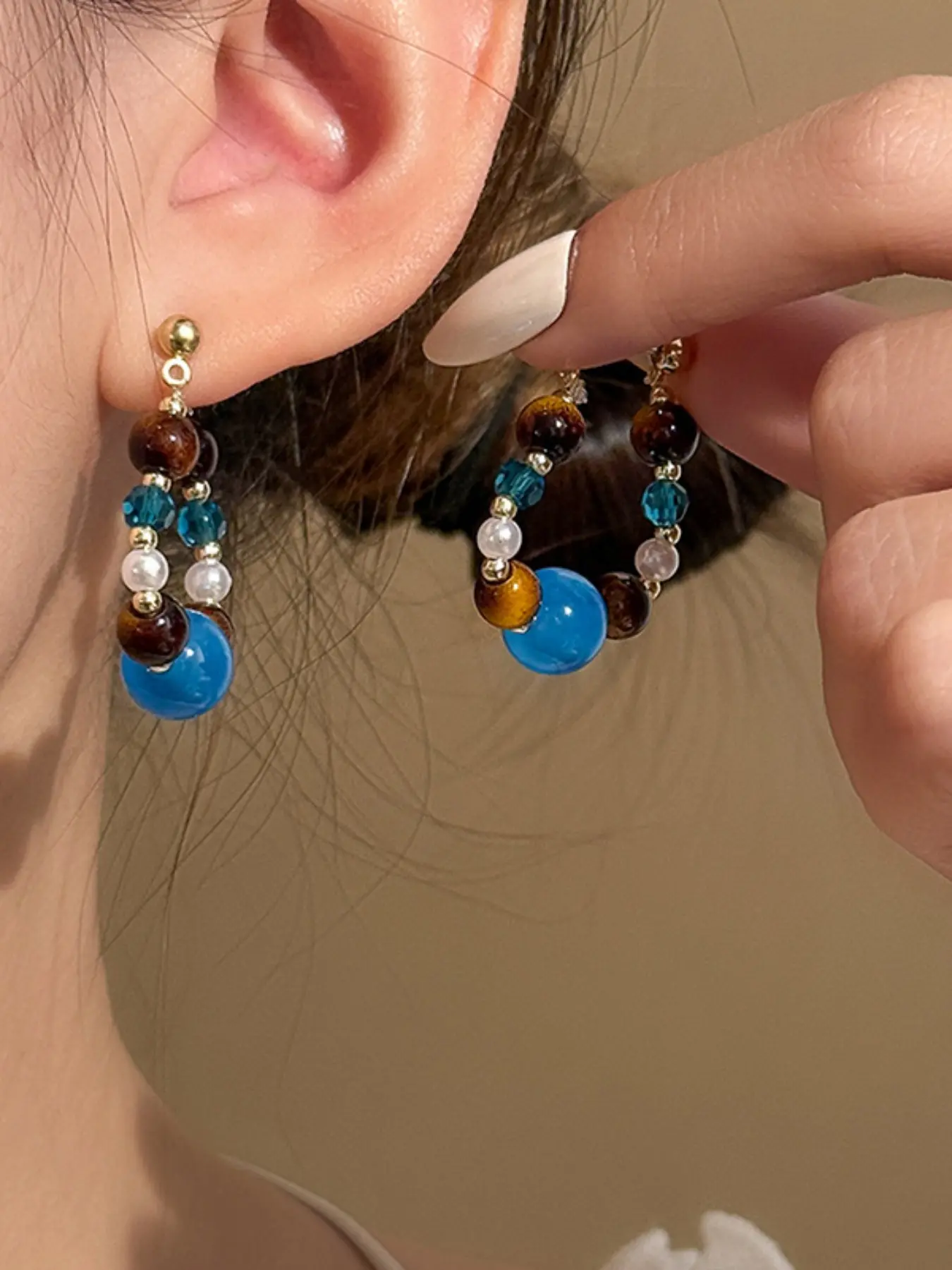 Unique Boho Style Tiger Eye Beaded Earrings, All-Over Print Alloy Chain, Vintage Chic Accessory for Women, Perfect for All Seasons