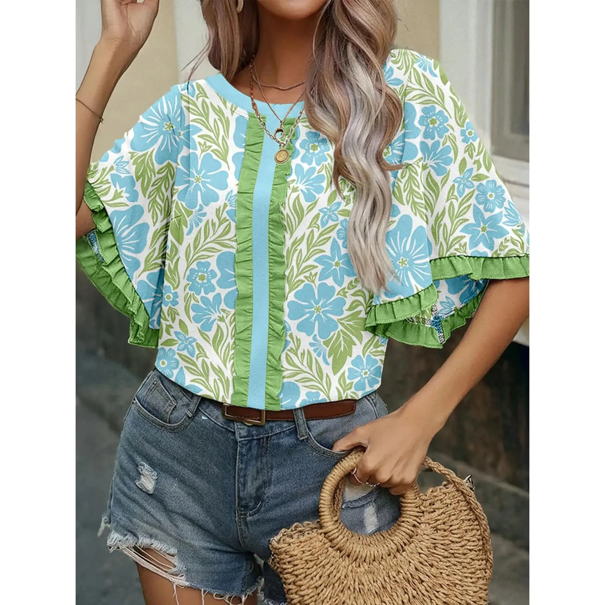 Women's Sky Blue Floral Print Ruffled Half Sleeve Blouse, Viscose Soft Lightweight Breathable Top for All-Day Comfort