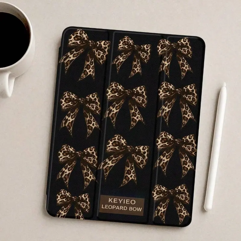 Leopard Print Bow-Tie Trifold iPad Case, Built-in Pencil Slot Auto Sleep/Wake, Anti-Slip Shockproof Durable Flip Stand, Multi-Option, Compatible with iPad 10th/11th Gen/10.2"/Pro 11" 2021/2020 & Galaxy Tab S9 FE+ 12.4", Unisex New Year Gift