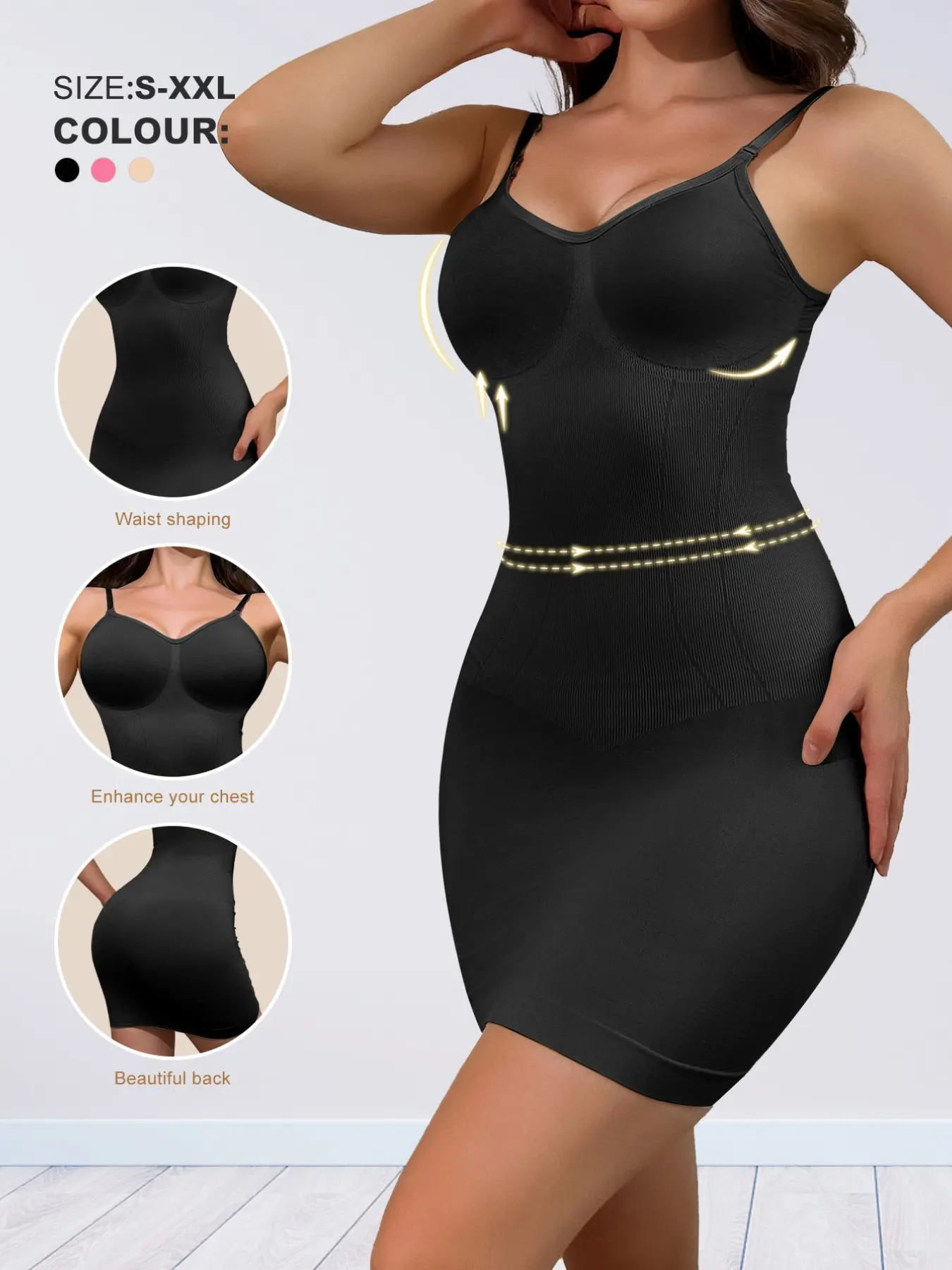 Seamless Compression Slip Dress, Bust & Waist Shaping, Casual Midi Skirt, Above the Knee, Solid Pattern, Organic Textile, Bodycon