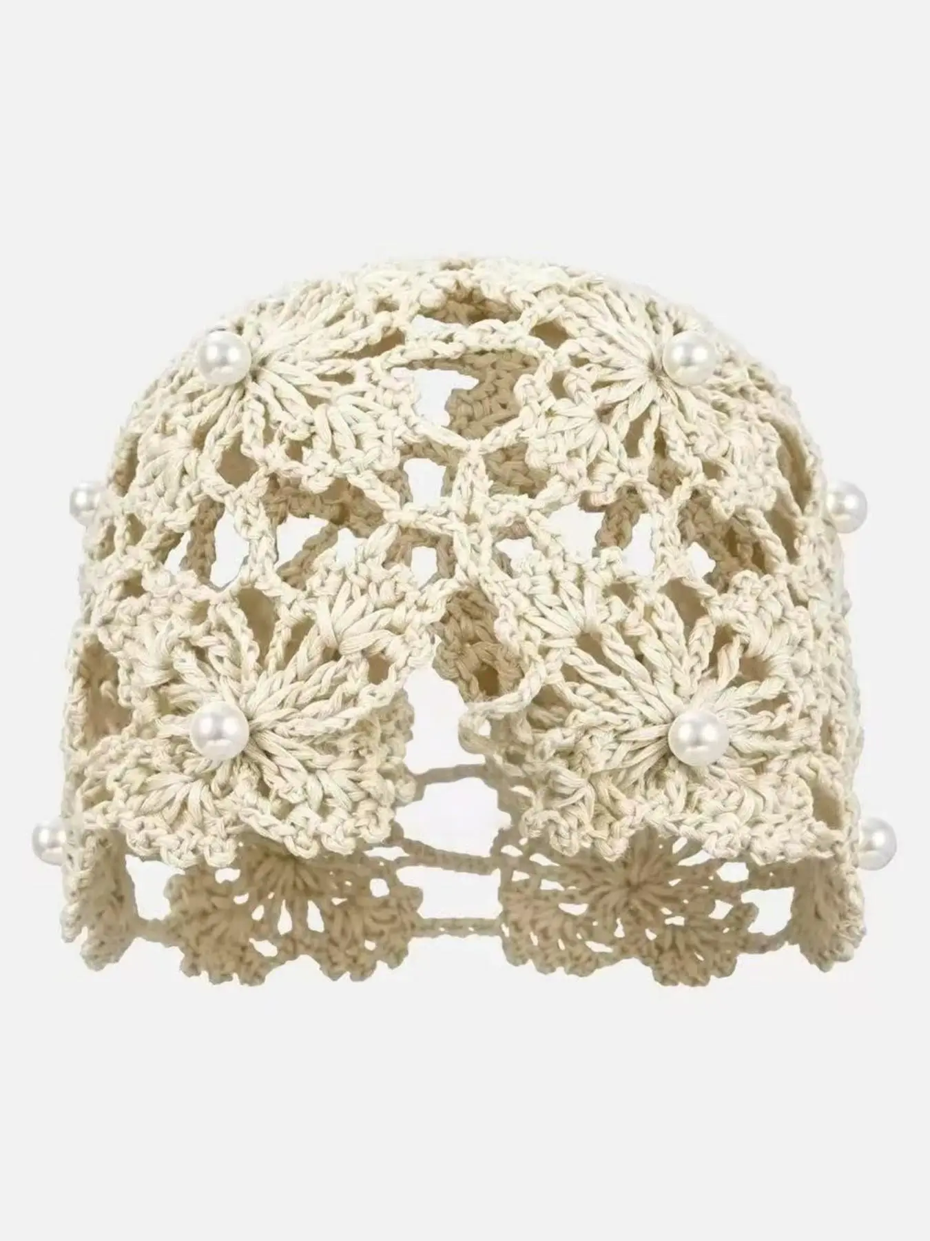 1 Women's Hollow‑Out Crochet Beanie, Lightweight Fashion Beanie, Head Wrap Hat, Fashionable Hats, Solid‑Color Slouchy Hat with Pearl Accents, versatile for daily wear, breathable for spring, summer and autumn, with decorative details