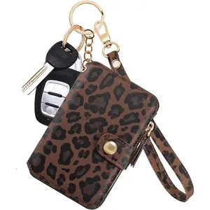 Wallet, Womens card Holder Leather Keychain Wallet With Zipper Coin Pocket ID Window Wrist Strap Gift Box (Leopard)