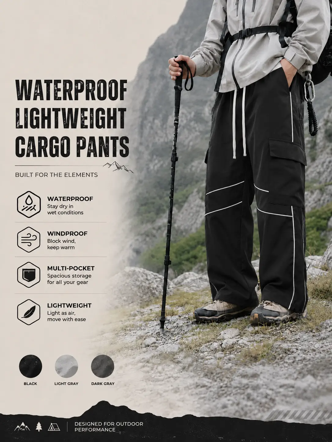 Unisex loose parachute cargo pants—lightweight, waterproof outdoor hiking long pants; unisex loose outdoor functional casual long pants with an elastic waistband; available in three colors.