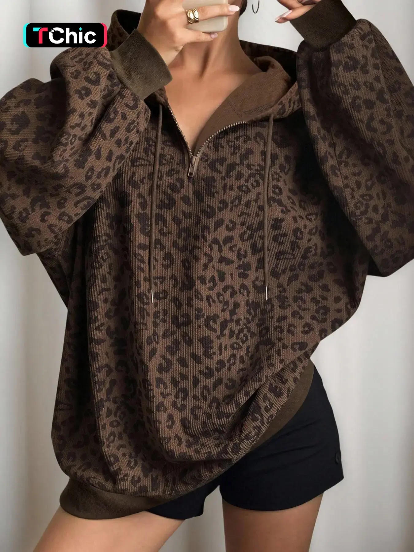 Women's Leopard Print Half Zip Hoodie Oversized Silhouette Drop Shoulder Long Sleeves Ribbed Trim Detail Drawstring Hood Trendy Streetwear Style Perfect for Daily Wear Casual Outings