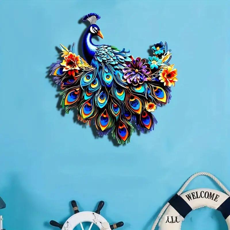 Colorful 3D Metal Peacock Wall Art Decor, Handmade Quilling Style Peacock Ornament for Garden Patio Home