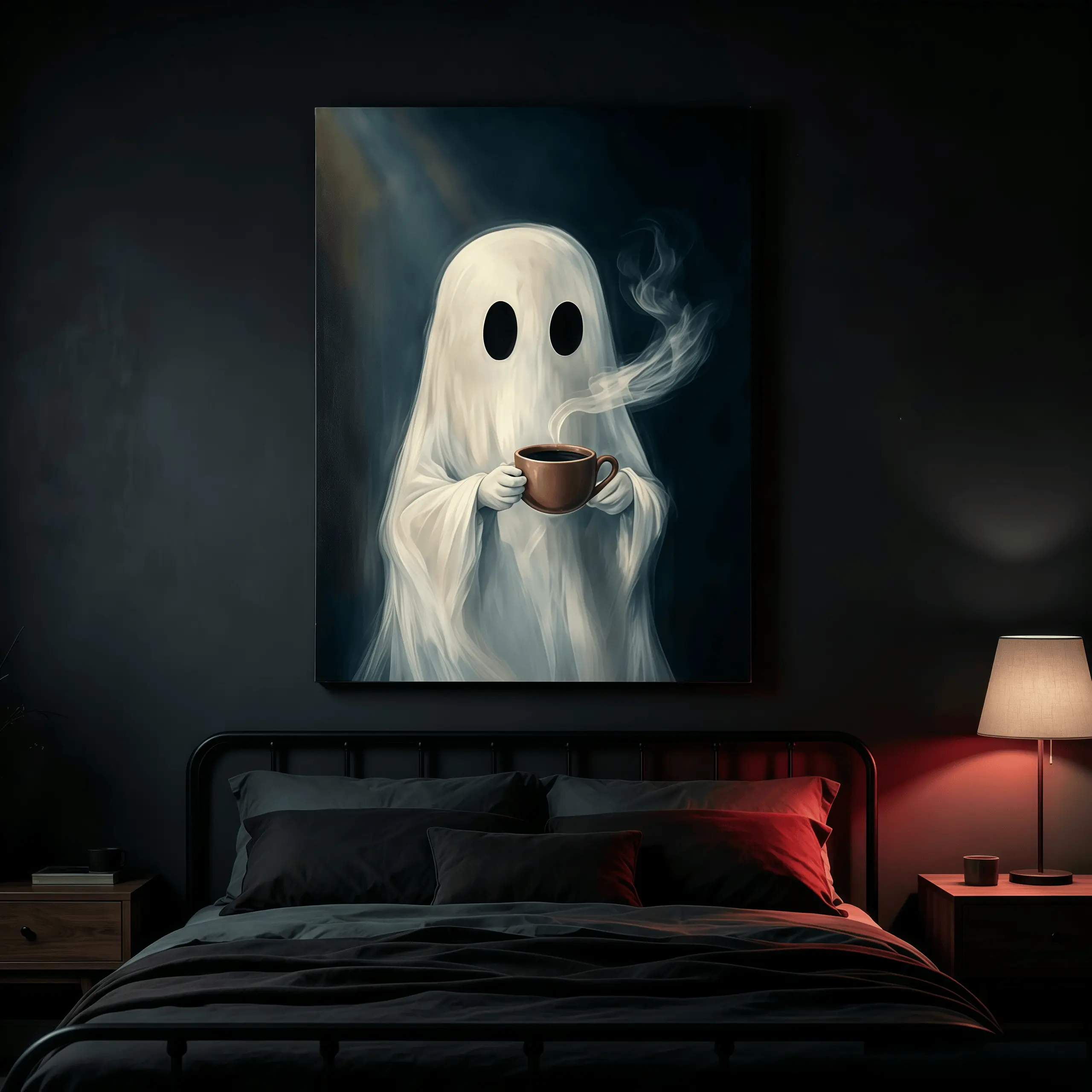 Vintage Ghost Drinking Coffee Poster - Eco-Friendly Wood Framed Vintage Wall Art, Dark Academia Aesthetic Gothic Home Decor, Cute Ghost Illustrations for Kid Room Decoration, Ghost Art Print, Halloween Decor, Dark Academia Decor, Gothic Wall Art,