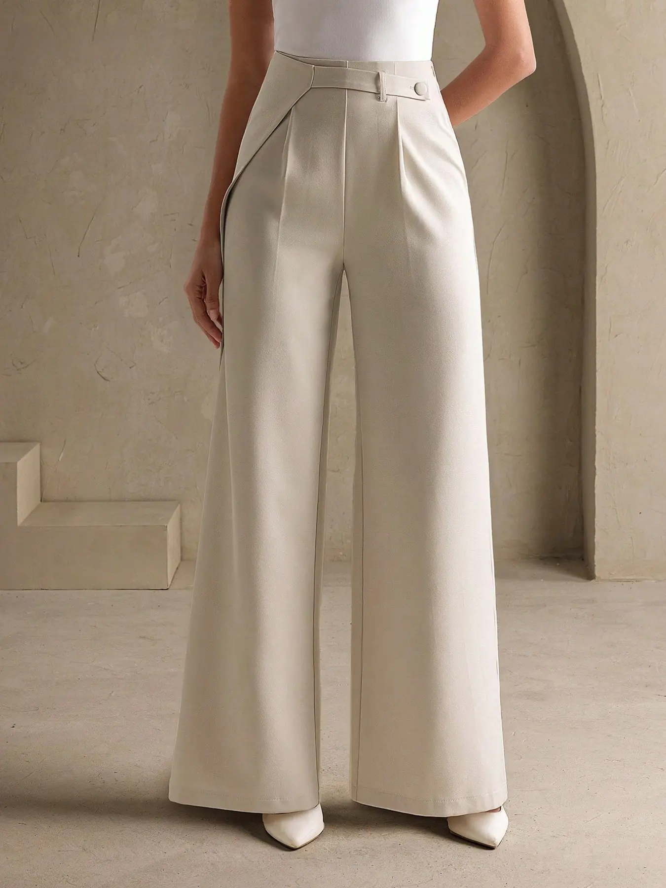 High-Waisted Asymmetric Pleated Straight Leg Pants, Casual Business Office Women's Slimming Trousers, Comfortable, Stylish and Minimalist