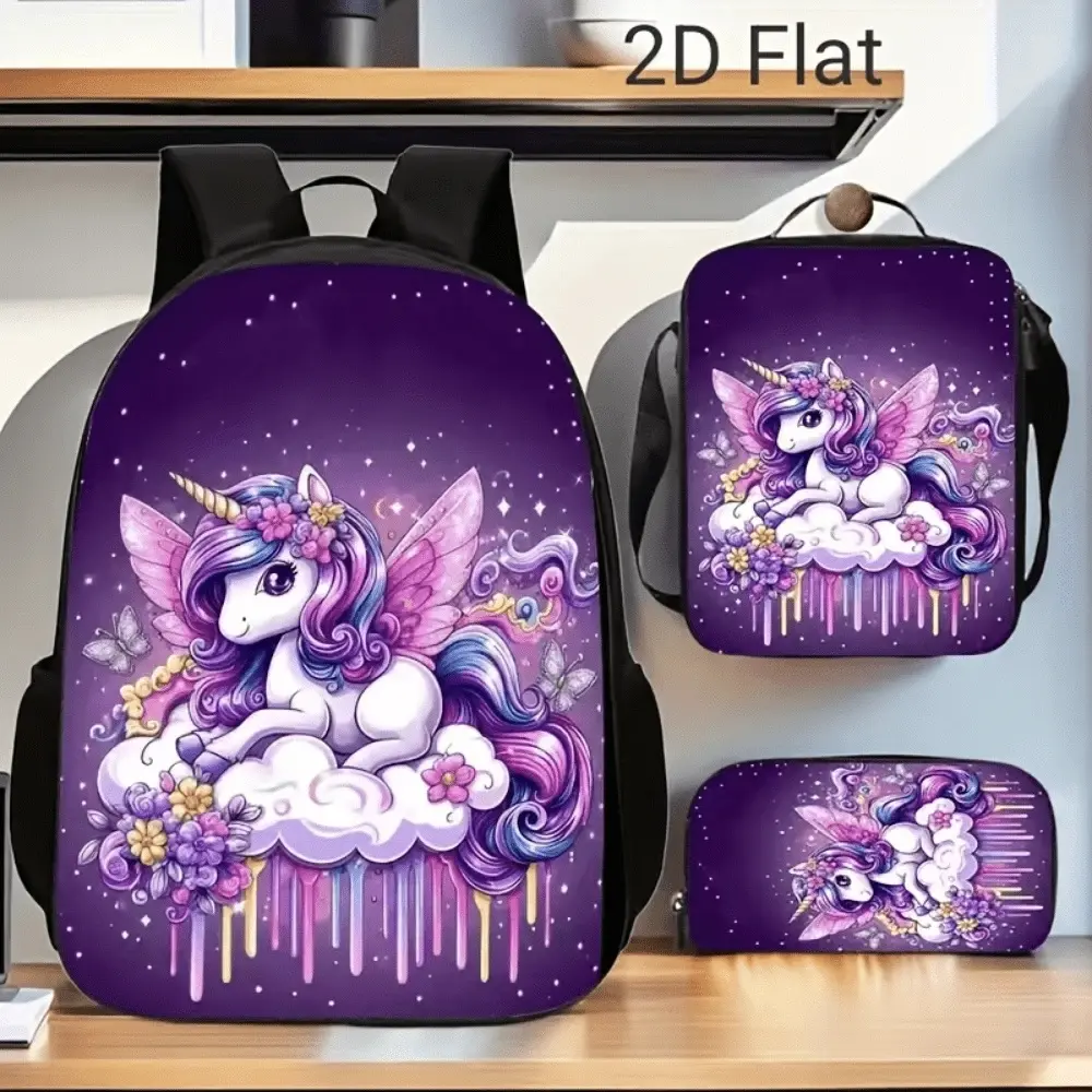 3pcs Backpack Set Cute Fantasy Unicorn Cloud Graphic Includes Durable Large-Capacity Bookpack & Insulated Lunch Bag & Multi-Functional Pencil Case Adjustable Strap And Zipper Compartments For School Travel Daily Use, 17in Bookpack
