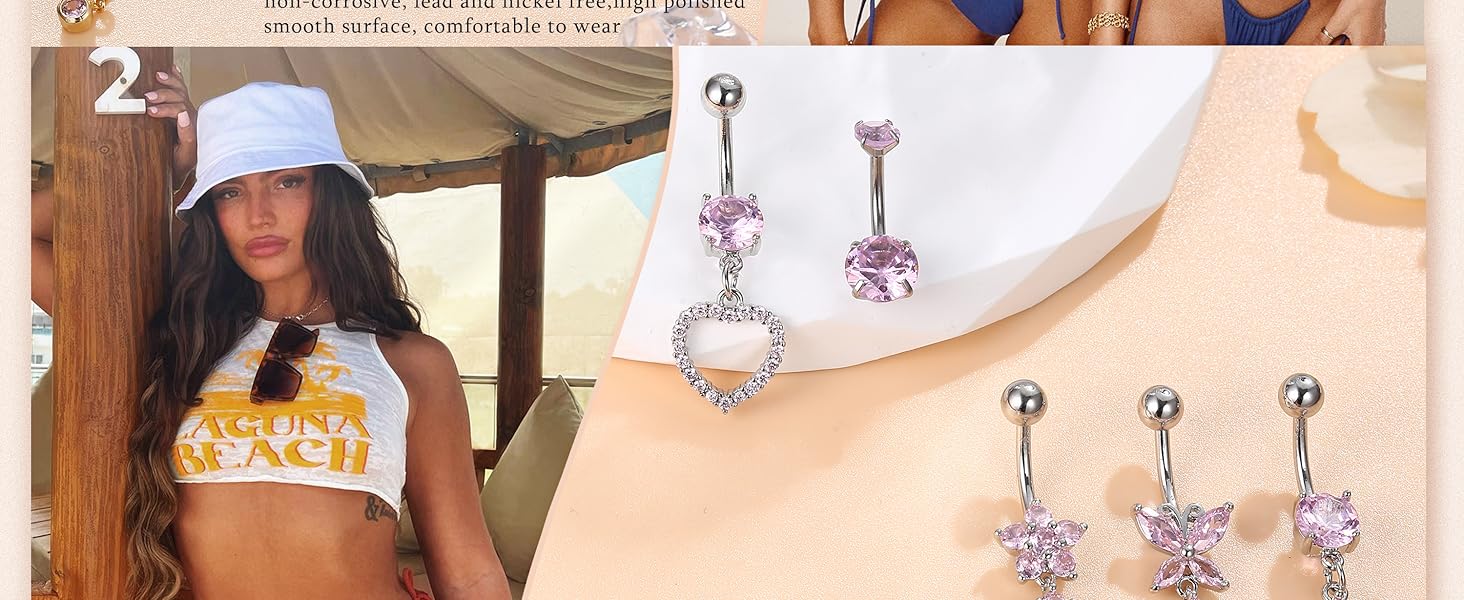 2025 Trendy Summmer Hypoallergenic 14G Dangle Belly Button Piercing Rings  Cute CZ Flower/Butterfly/Heart Designs Surgical Steel Navel Jewelry for Women