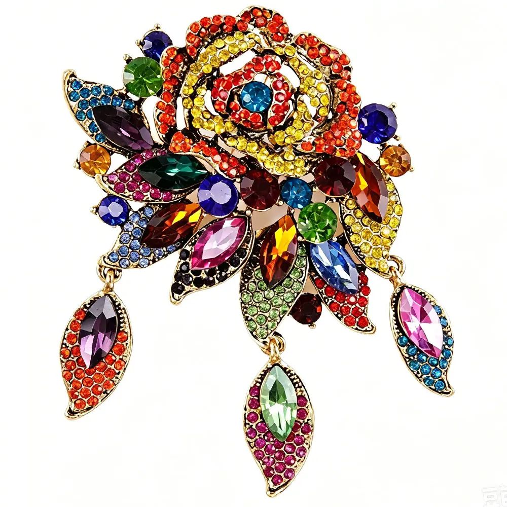 Vintage Multi-color Pink Rose Green Rainbow Rose Pendant Brooch Daily Commuter Party Niche Accessories Women's Jewelry