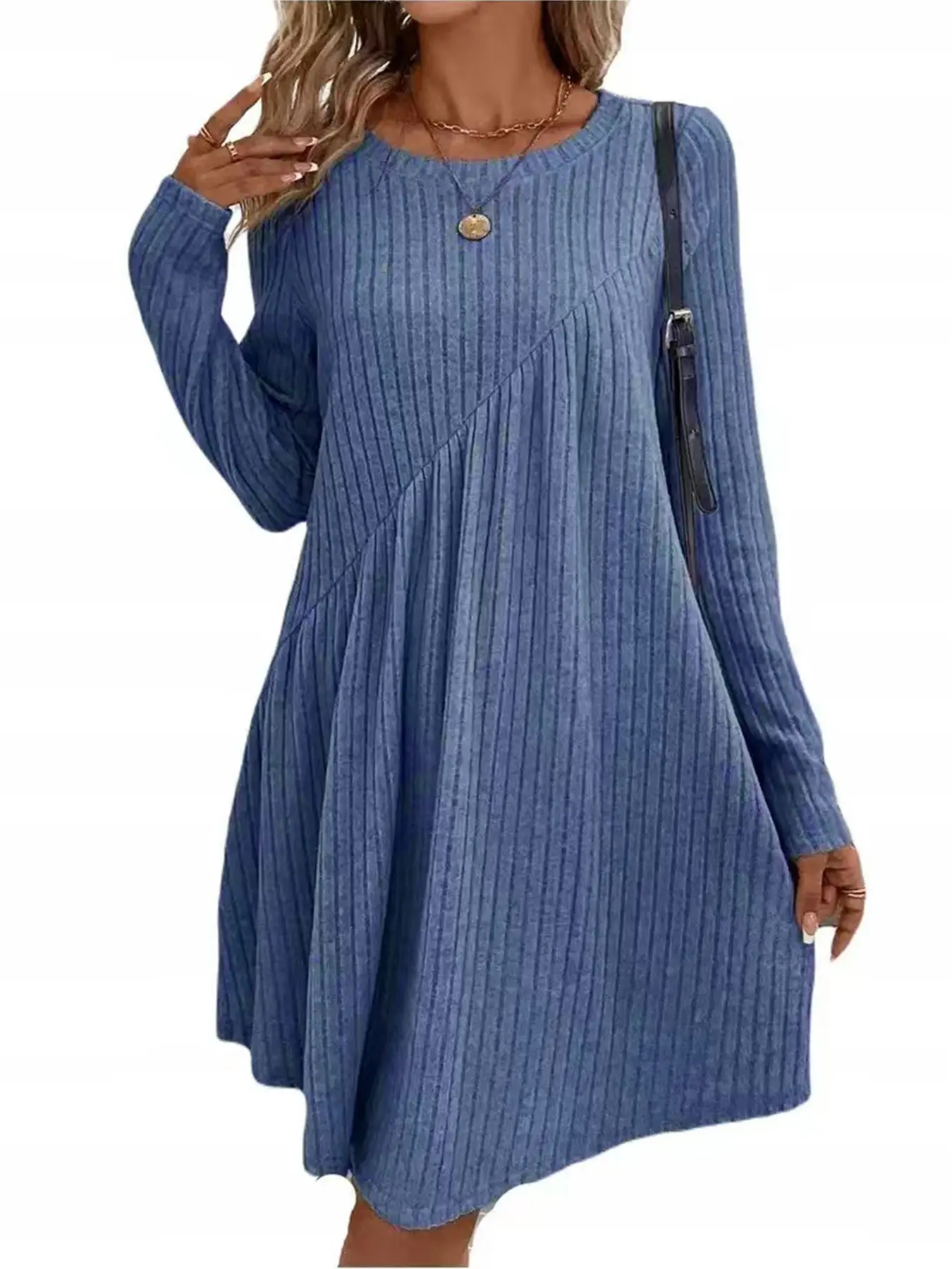 Women’s Ribbed Knit Sweater Dress, Long Sleeve Crew Neck, A-Line Swing Mini Dress, Casual Loose Tunic Dress for Fall Winter