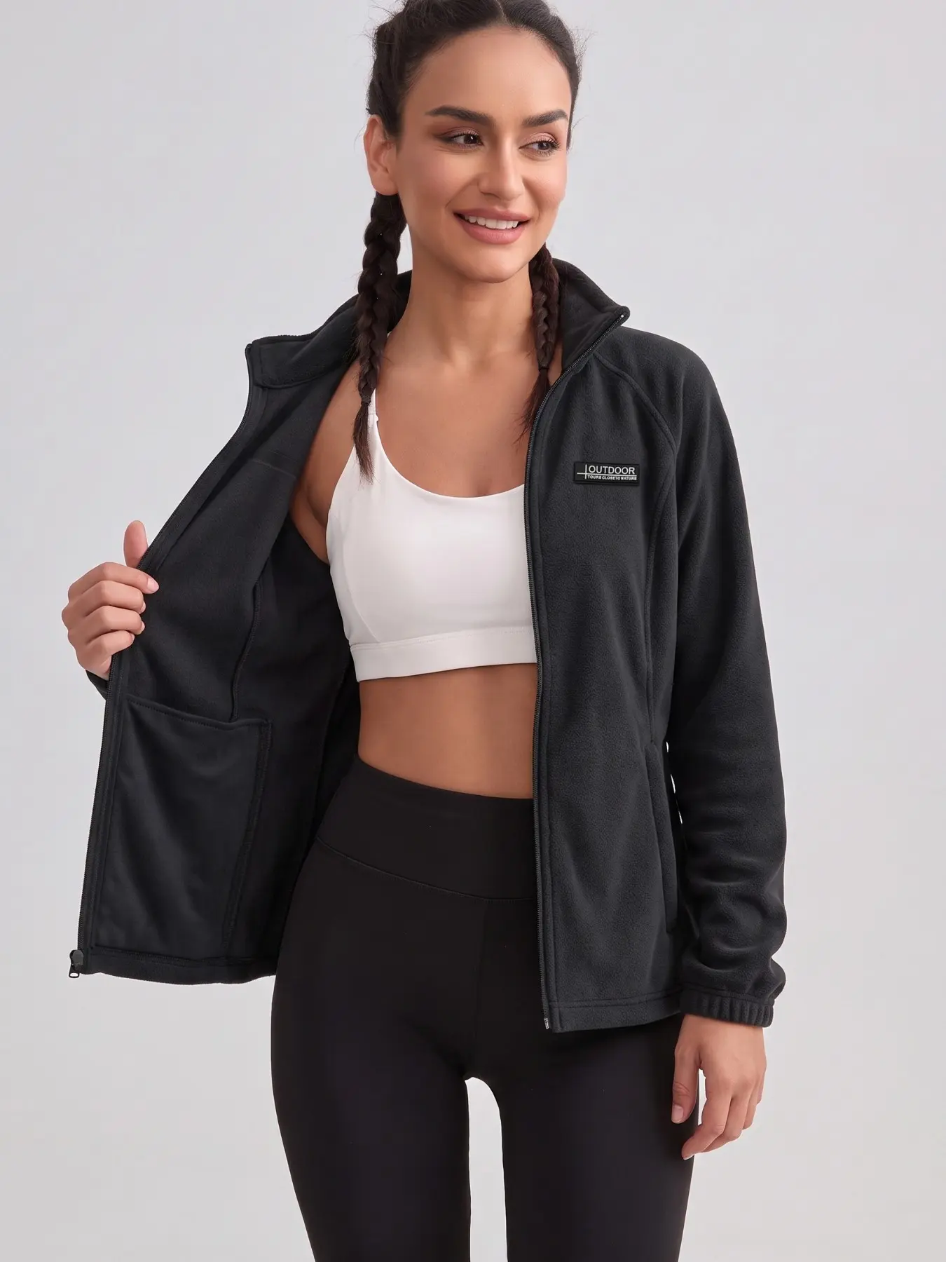 Women's Spring Fall Fleece Jacket, Sports Casual Jacket, Outdoor Thick Warm Breathable Open Front Stand Collar Slim Fit Polar Fleece Coat, Hiking Sports Outerwear