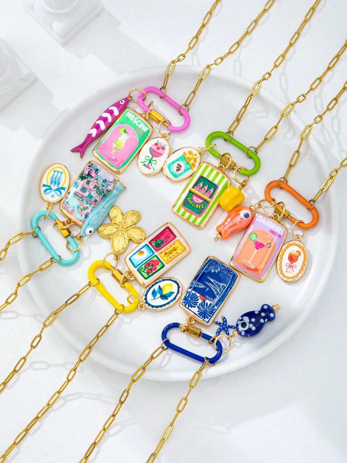 6PCS Summer Beach Cocktail and Fish Multi Pendant Necklace for Women, 18K Gold Stainless Steel Chain with Lobster Clasp, Bohemian Resort Style Jewelry, Fashion Necklace, Stacking Necklace
