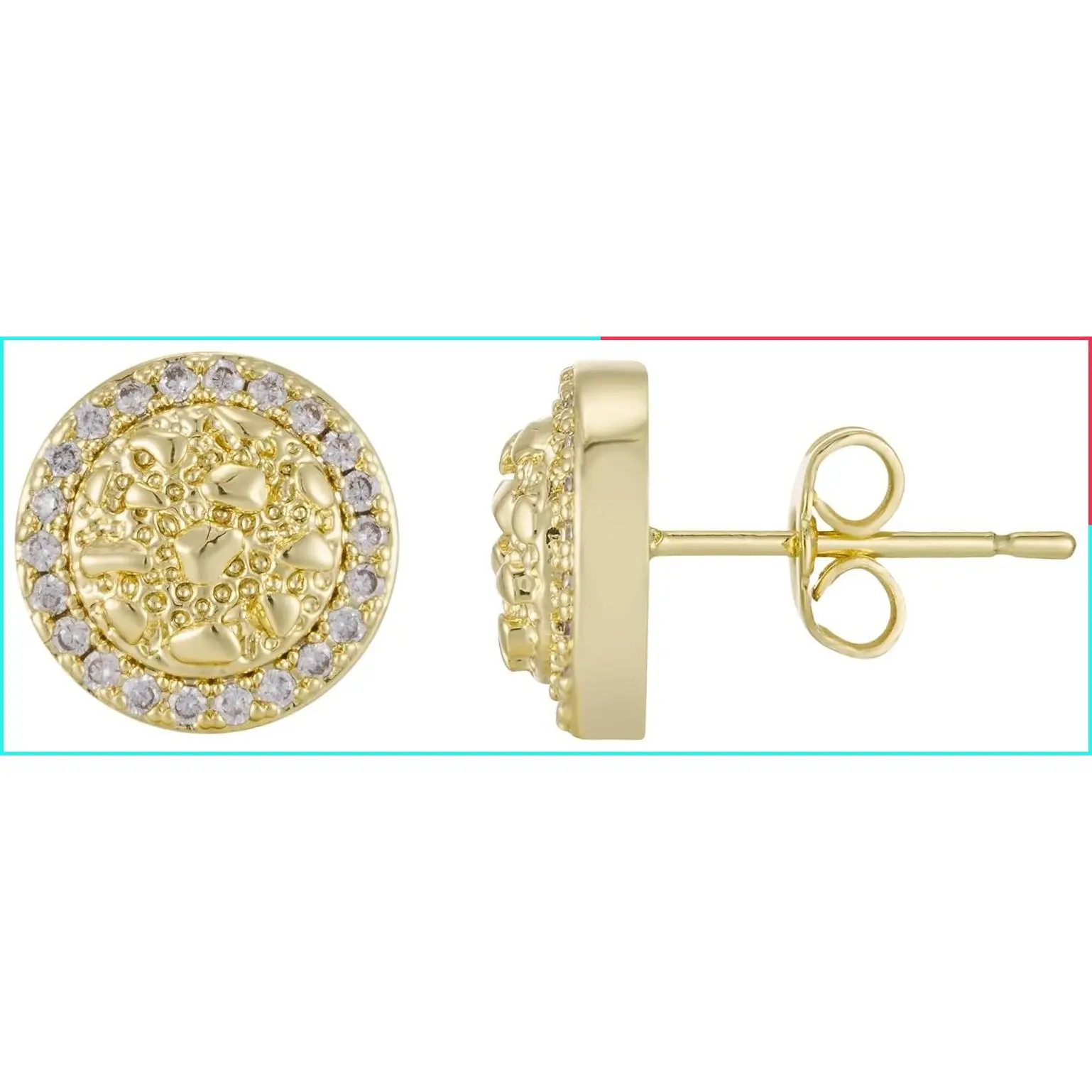 14K Gold Plated Round Textured Cookie Nugget Stud Earrings for Men Women, Hip Hop Cubic Zirconia Gold Earrings