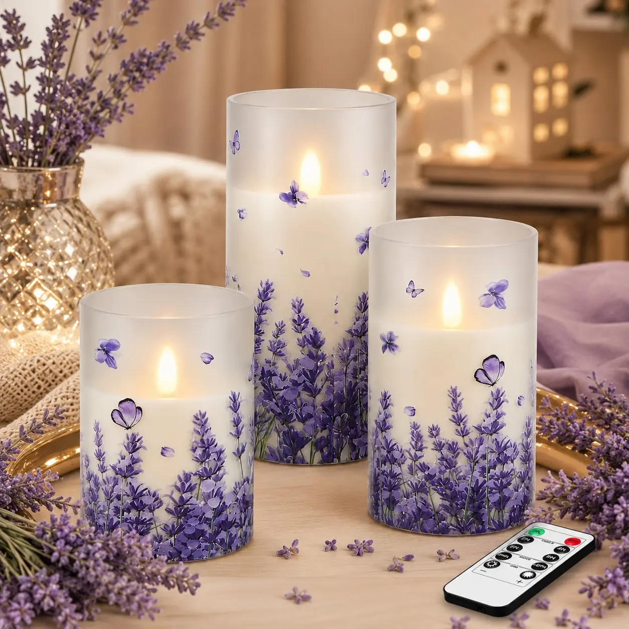 3-Pack LED Lavender Floral Candles, Flameless Pillar Candles with Remote Control, Battery Powered, Timer, 3x4 Inch, 5 Inch, 6 Inch