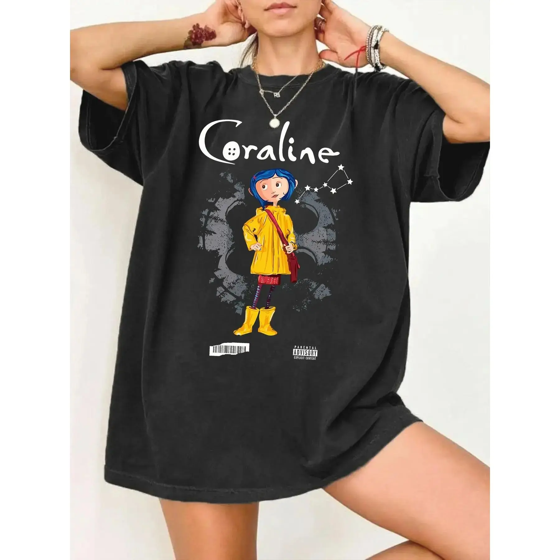 Women's Coraline Cartoon Graphic Oversized Baggy Flannel Sports Top - Loose, Sleeves, Retro Animated Movie Fan Tee, Vintage Summer Casual Wear (Bottoms Sold Separately), Print, Cotton
