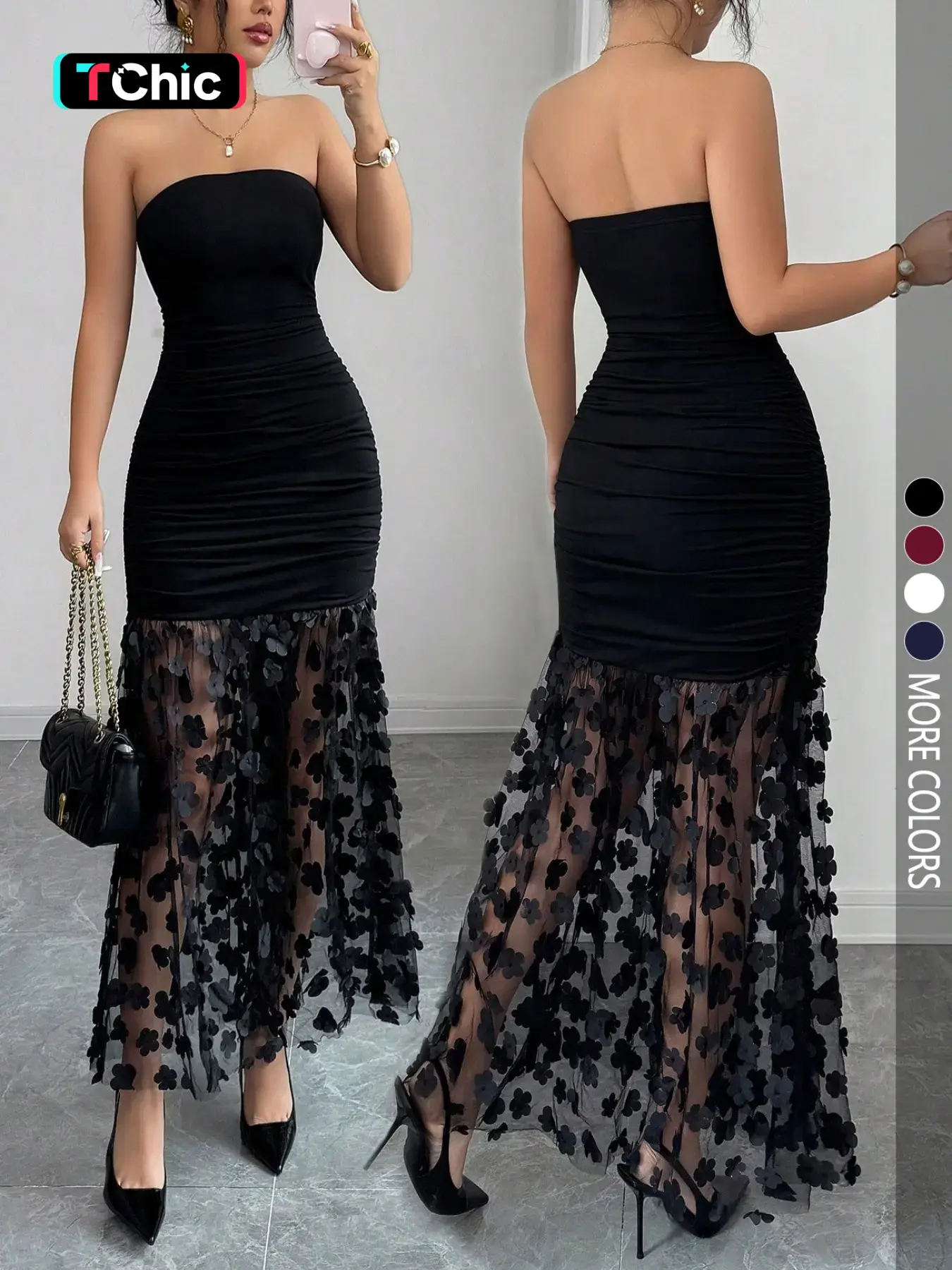 Strapless Solid Color Floral Sheer Slimming Evening Party Gown, Sexy Sheer Mesh Hem Bodycon Dress for Women