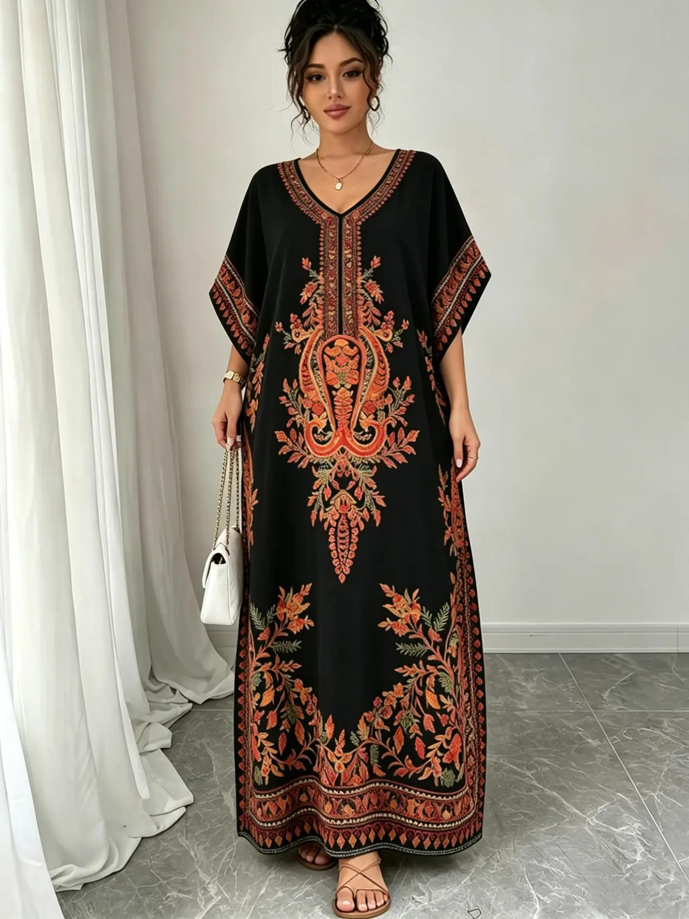Women's Middle Eastern Muslim Robe, Summer Casual V-Neck Bohemian Dress, Beach Vacation Wear, Daily Home, Boho Kaftan, Boho Caftan, Kaftan Dresses, 1 Piece