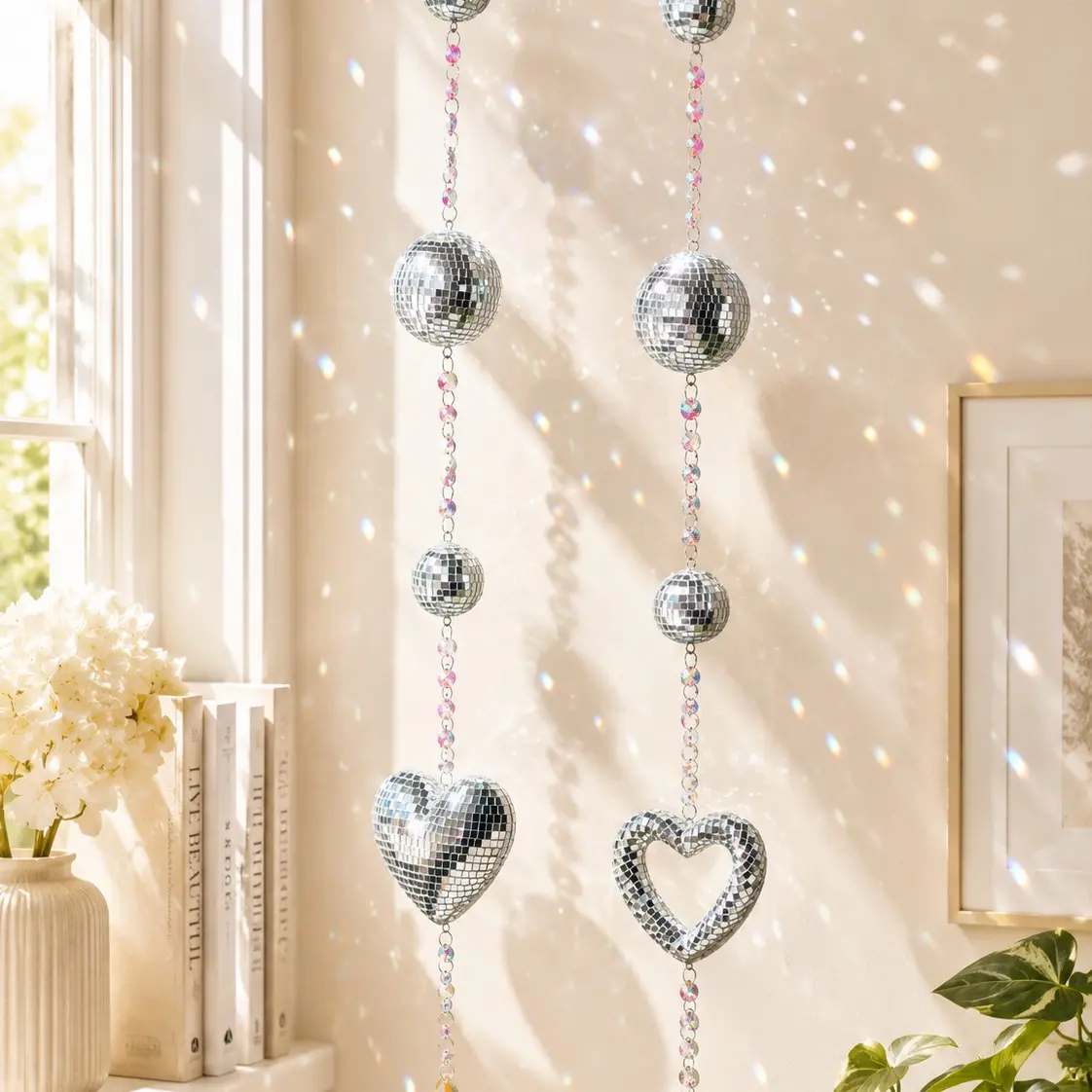 Disco Ball Heart Sun Catcher, Crystal Hanging Window Decor, Rainbow Prism, Bohemian Style Bedroom, Porch, Patio, Gift Idea