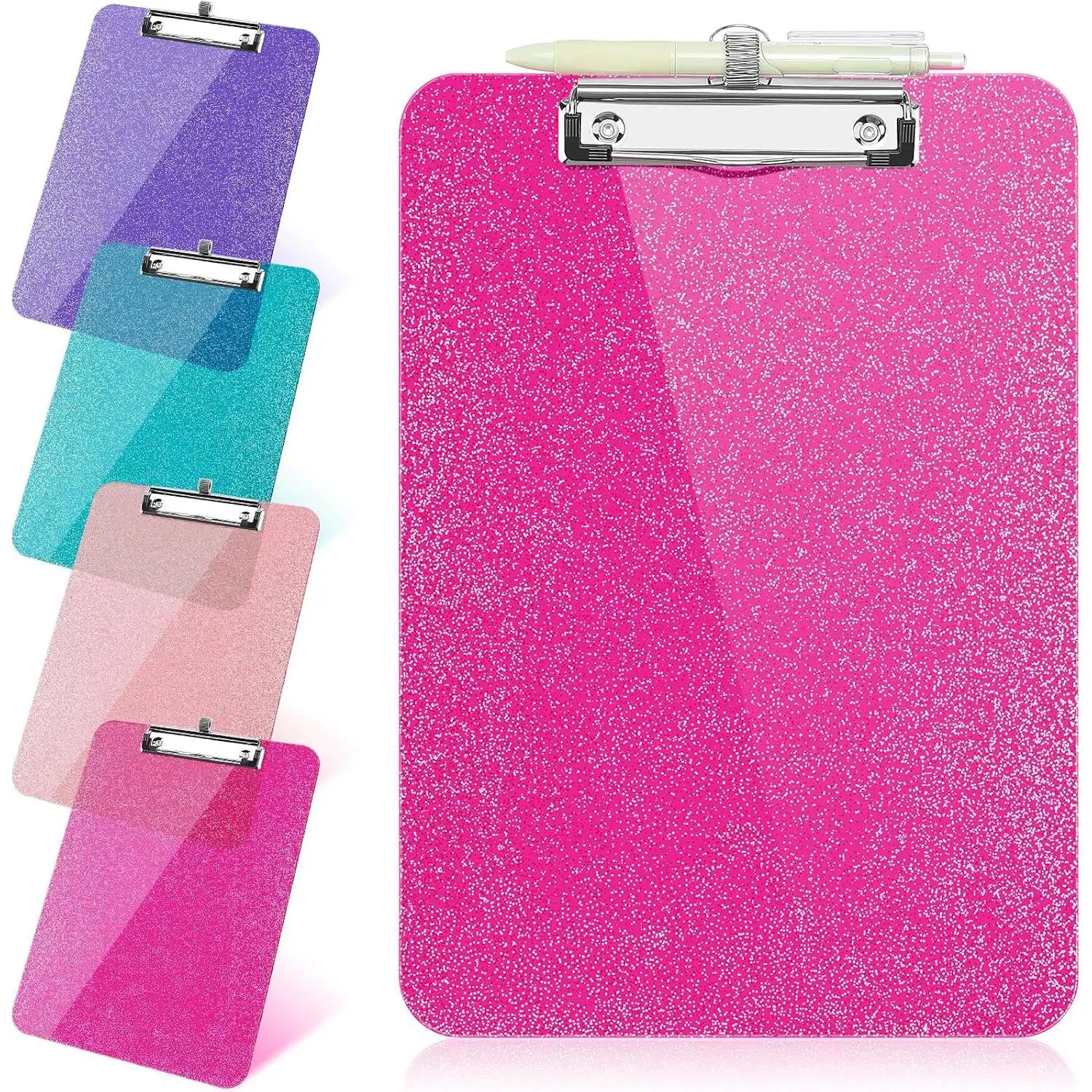1 count Clear Glitter Clipboards,Plastic Clipboard with Pen Holder,Size 8.85 x 12.4 in Shiny Clipboards with Low Profile Clip,Cute  Clipboard for Office Sparkly Clip Board-Hot