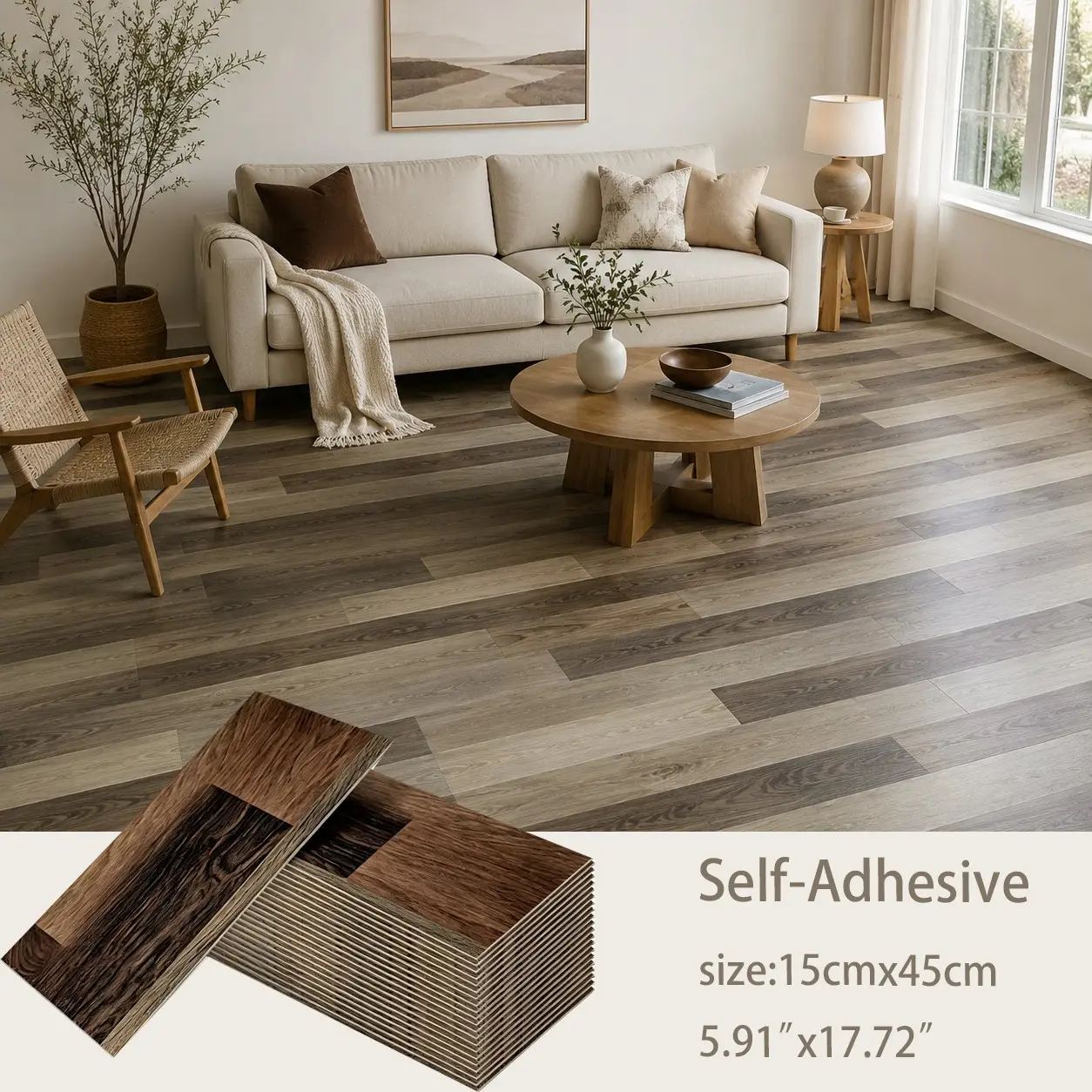 Peel and Stick PVC Floor Planks, 15x45cm, Waterproof Wood Grain, Self-Adhesive Vinyl, Scratch Resistant, Removable, Home Renovation